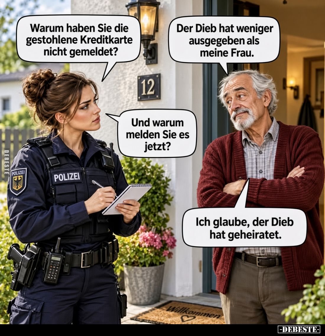 Warum haben Sie die gestohlene Kreditkarte nicht gemeldet? -
Der Dieb hat weniger ausgegeben als meine Frau.
-
Und warum m...