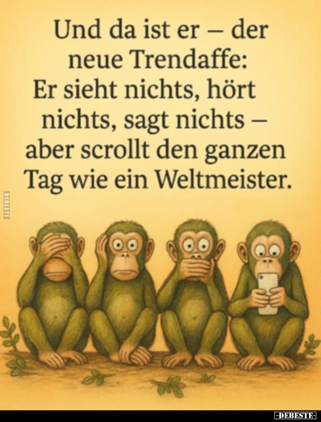 Und da ist er - der neue Trendaffe: Er sieht nichts, hört - nichts, sagt nichts aber scrollt den ganzen Tag wie ein Weltmeist...