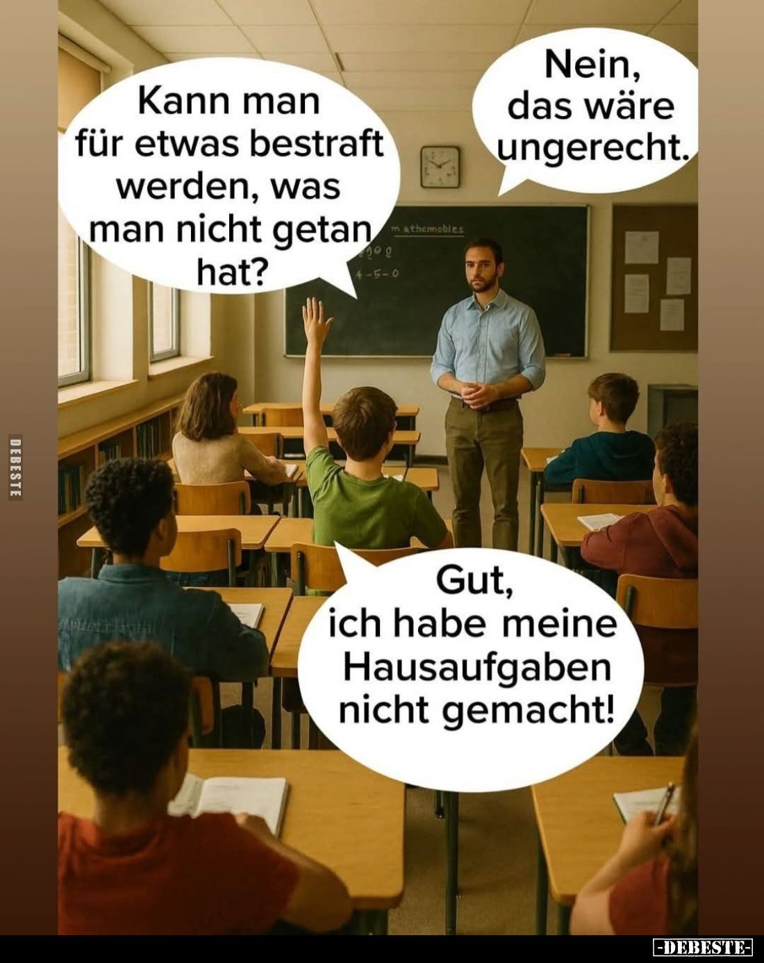 Nein, das wäre ungerecht. - Kann man für etwas bestraft werden, was man nicht getan hat? -
Gut, ich habe meine Hausaufgaben ...