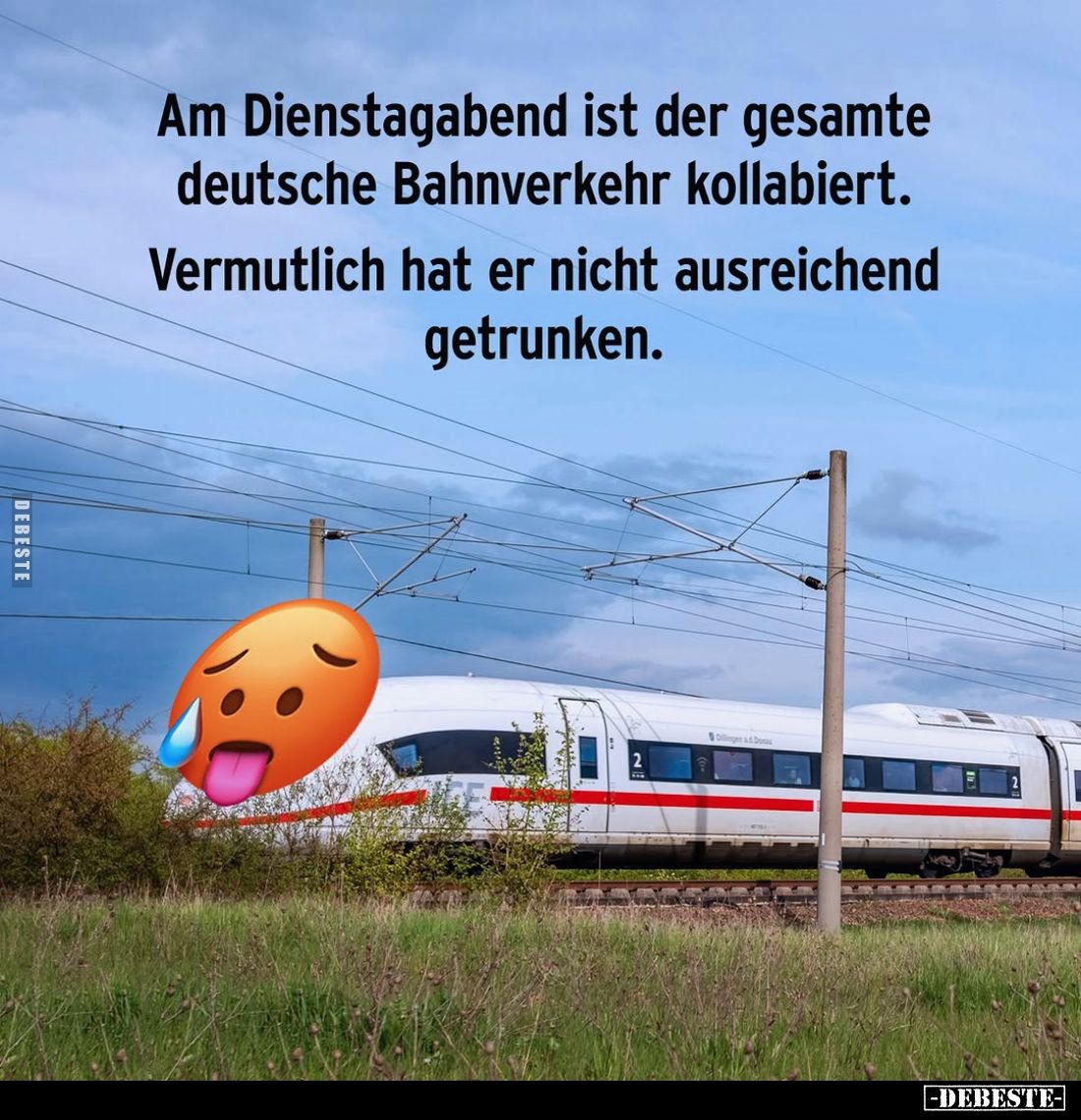 Am Dienstagabend ist der gesamte deutsche Bahnverkehr kollabiert.
Vermutlich hat er nicht ausreichend getrunken.