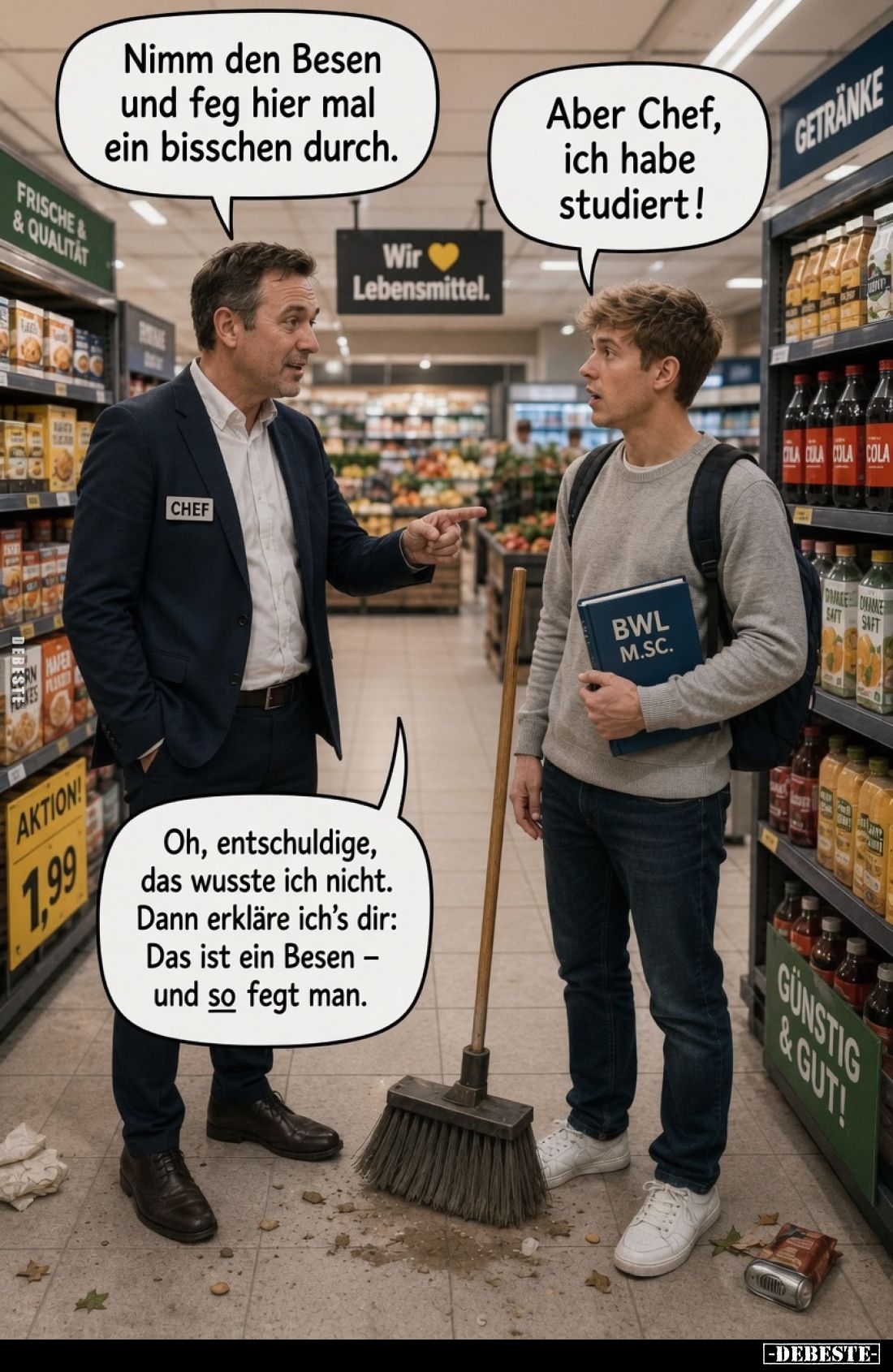 Nimm den Besen und feg hier mal ein bisschen durch. -
Aber Chef, ich habe studiert! -
Oh, entschuldige, das wusste ich nich...