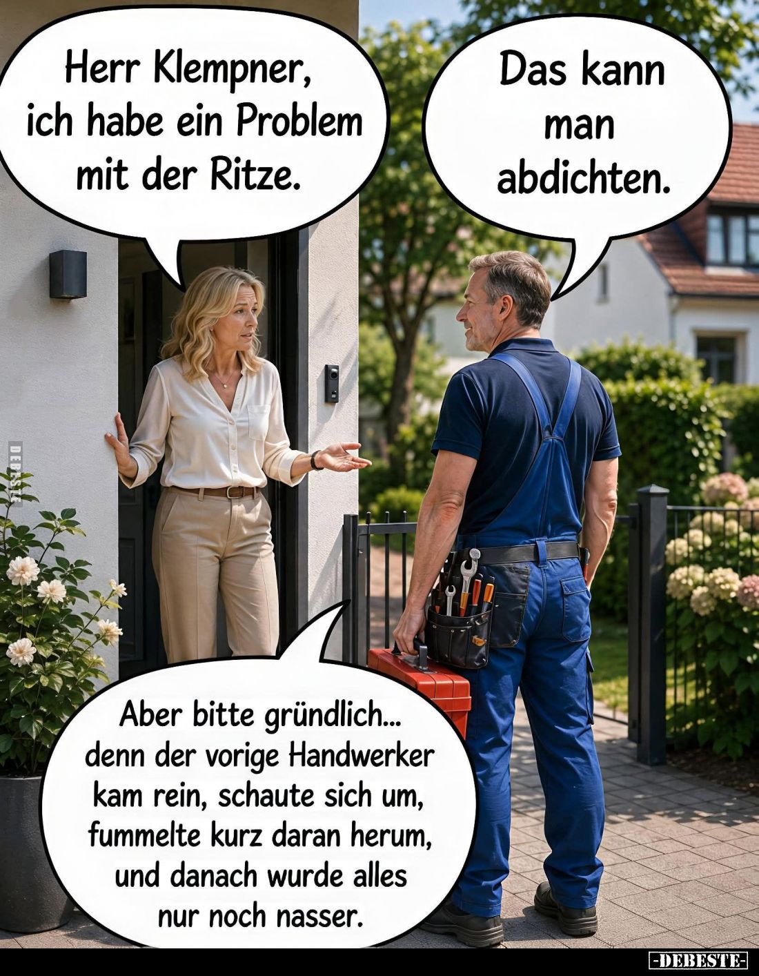 Herr Klempner, ich habe ein Problem mit der Ritze. -
Das kann man abdichten.
-
Aber bitte gründlich... denn der vorige Han...