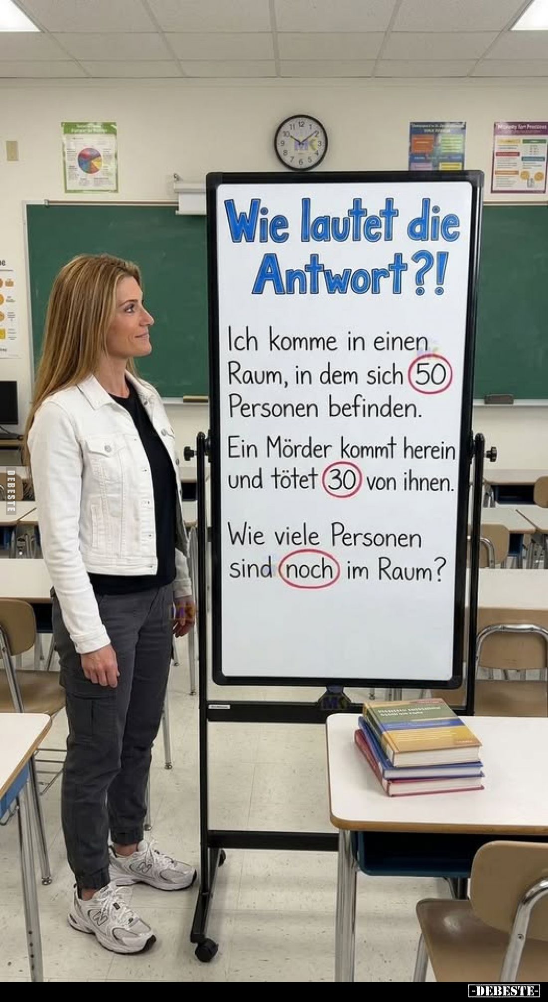 Wie lautet die Antwort?!
Ich komme in einen Raum, in dem sich 50 Personen befinden.
Ein Mörder kommt herein und tötet 30 vo...