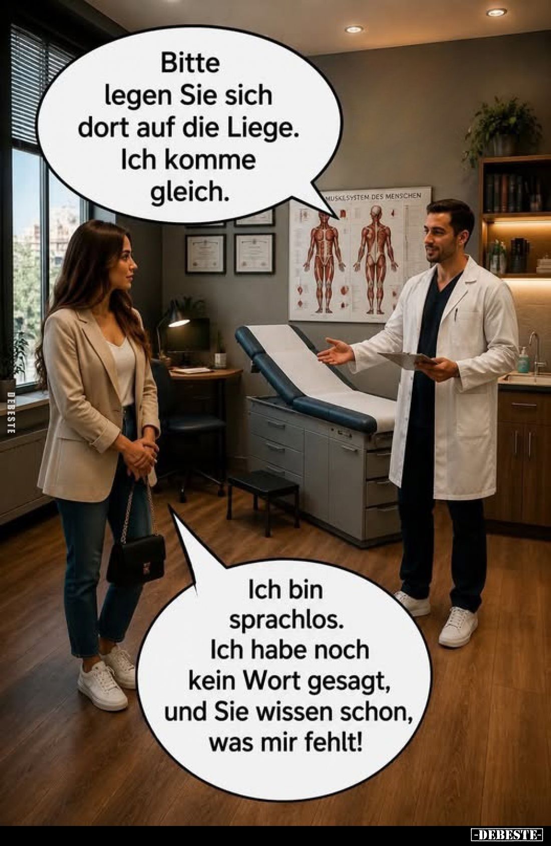 Bitte legen Sie sich dort auf die Liege.
Ich komme gleich.
-
Ich bin sprachlos. Ich habe noch kein Wort gesagt, und Sie wi...
