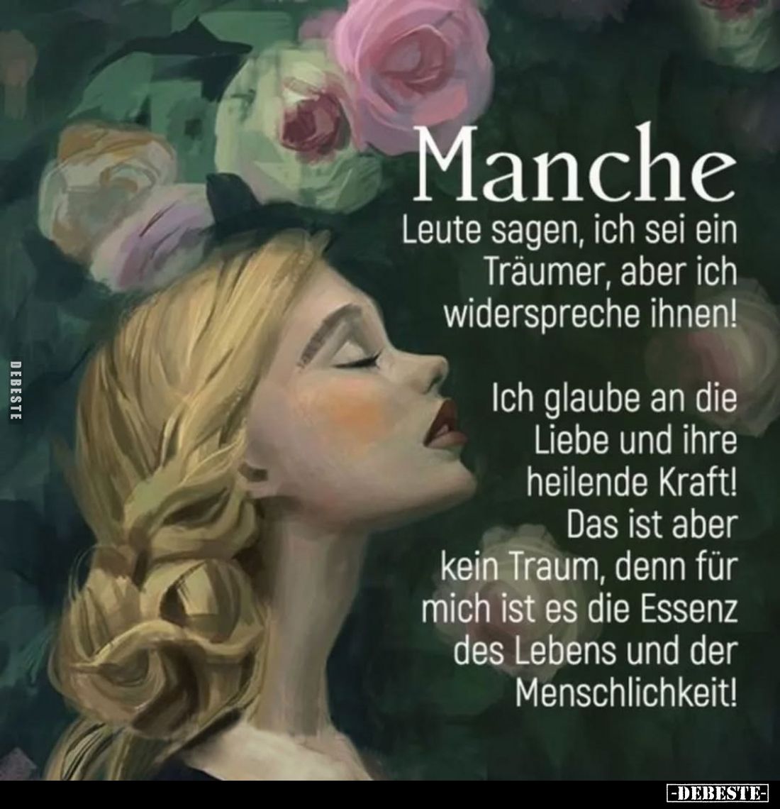 Manche Leute sagen, ich sei ein Träumer, aber ich widerspreche ihnen!
Ich glaube an die Liebe und ihre heilende Kraft! Das i...