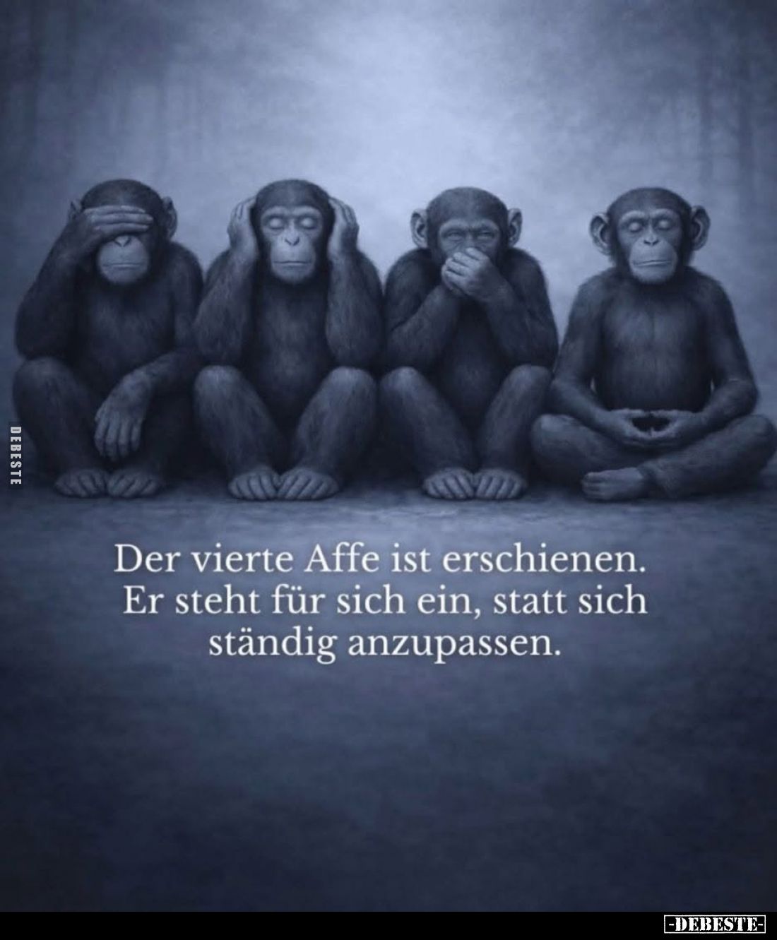 Der vierte Affe ist erschienen.
Er steht für sich ein, statt sich ständig anzupassen.
