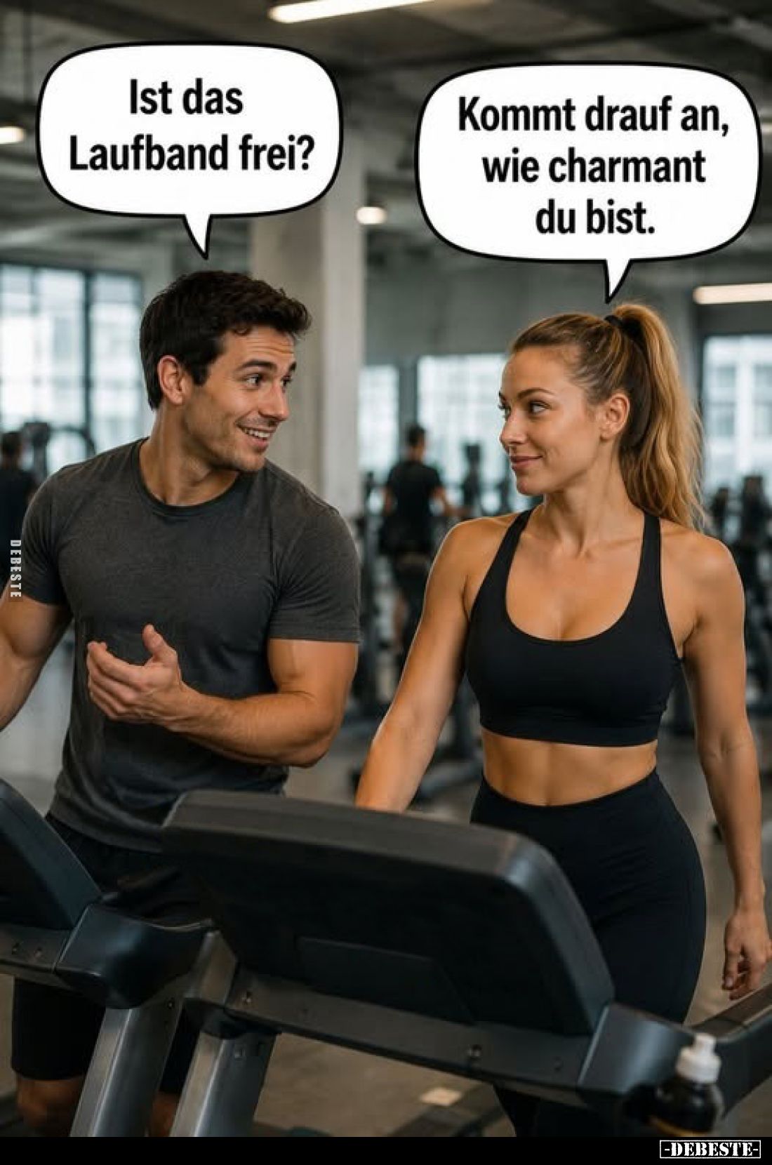 Ist das Laufband frei?
Kommt drauf an, wie charmant du bist.