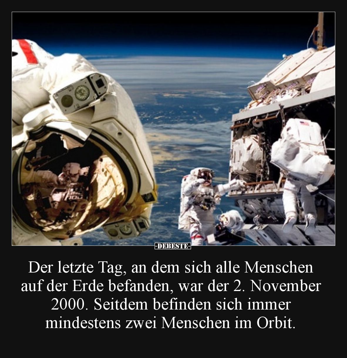 Der letzte Tag, an dem sich alle Menschen auf der Erde befanden, war der 2. November 2000. Seitdem befinden sich immer mindes...