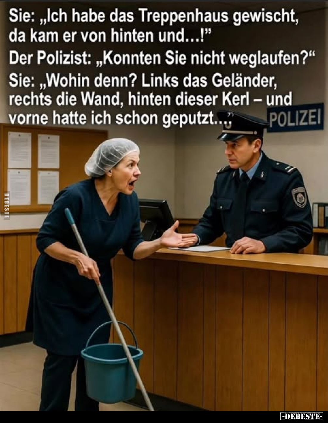 Sie: Ich habe das Treppenhaus gewischt, da kam er von hinten und...! -
Der Polizist: Konnten Sie nicht weglaufen? - Sie: Woh...