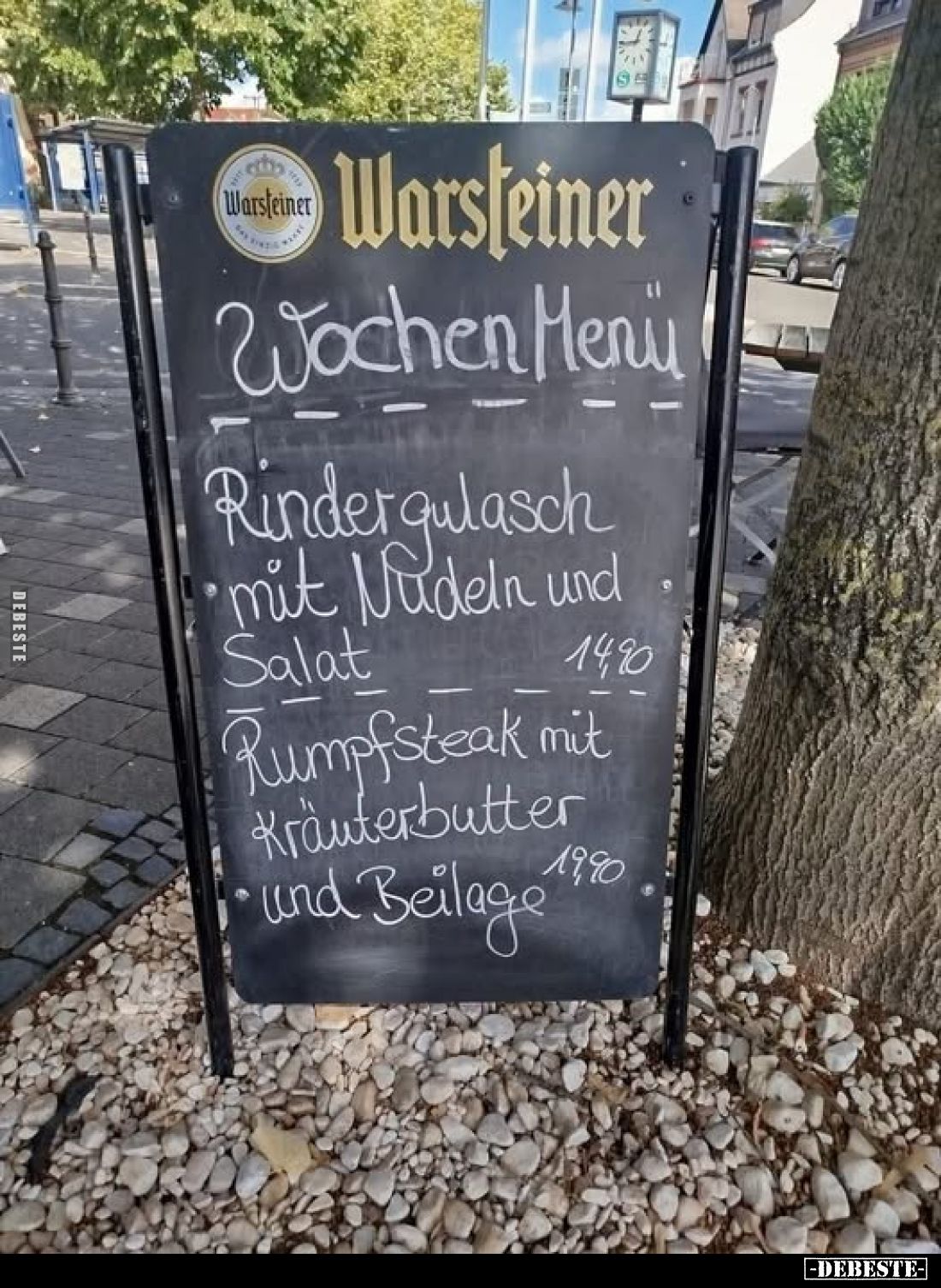 Wochen Menü - Rindergulasch mit Nudeln und Salat 14,90 - Rumpfsteak mit Kräuterbutter und Beilage 19,90