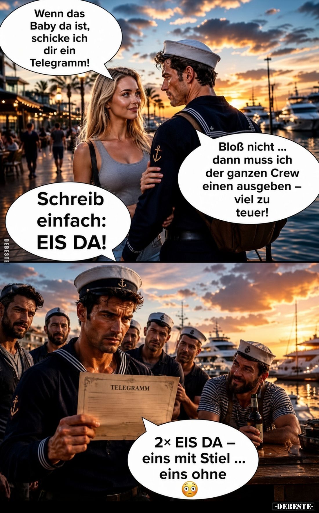 Wenn das Baby da ist, schicke ich dir ein Telegramm!
 Bloß nicht... dann muss ich der ganzen Crew einen ausgeben -viel zu te...