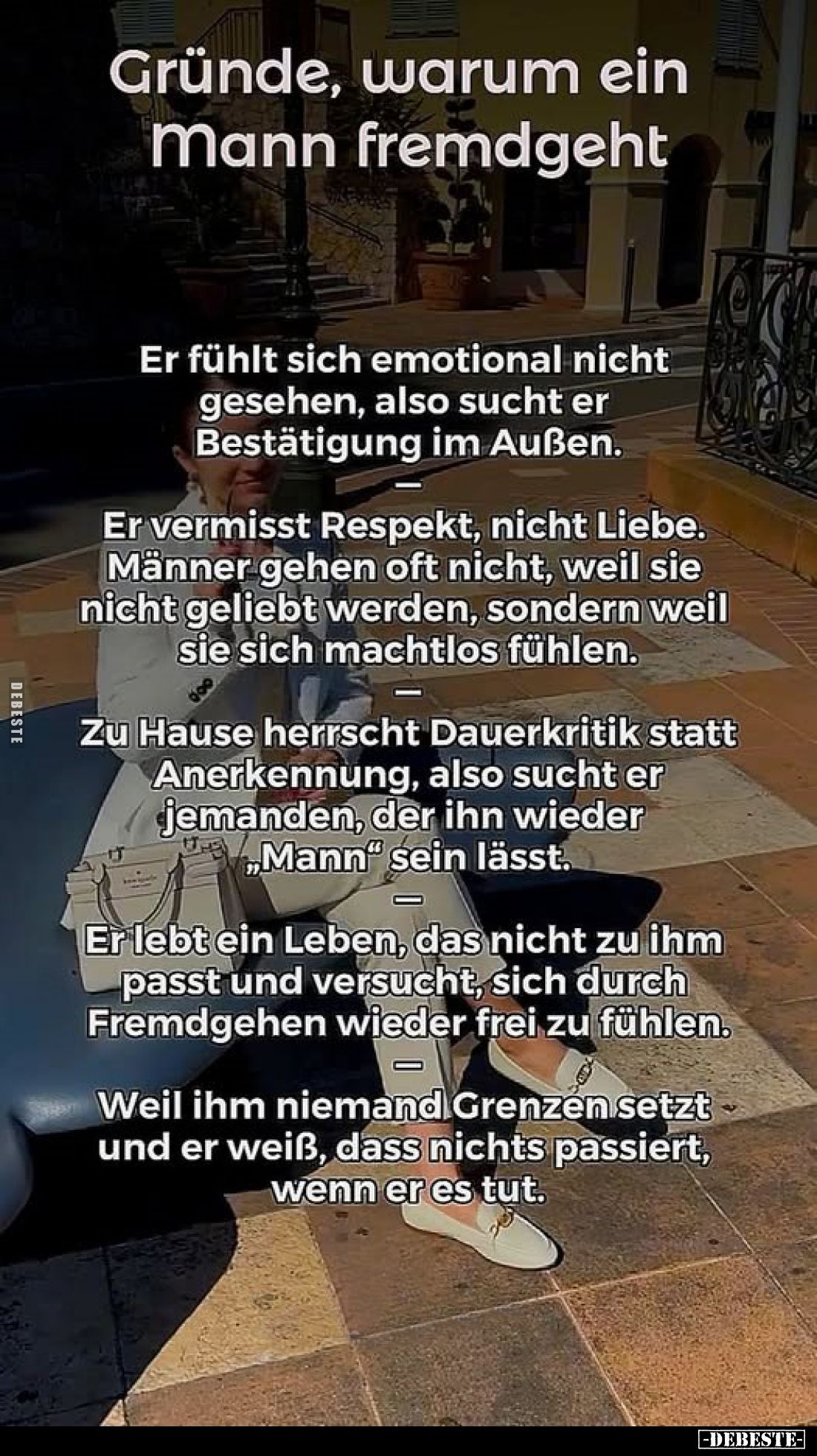 Gründe, warum ein Mann fremdgeht.
Er fühlt sich emotional nicht gesehen, also sucht er Bestätigung im Außen.
-
Er vermisst...