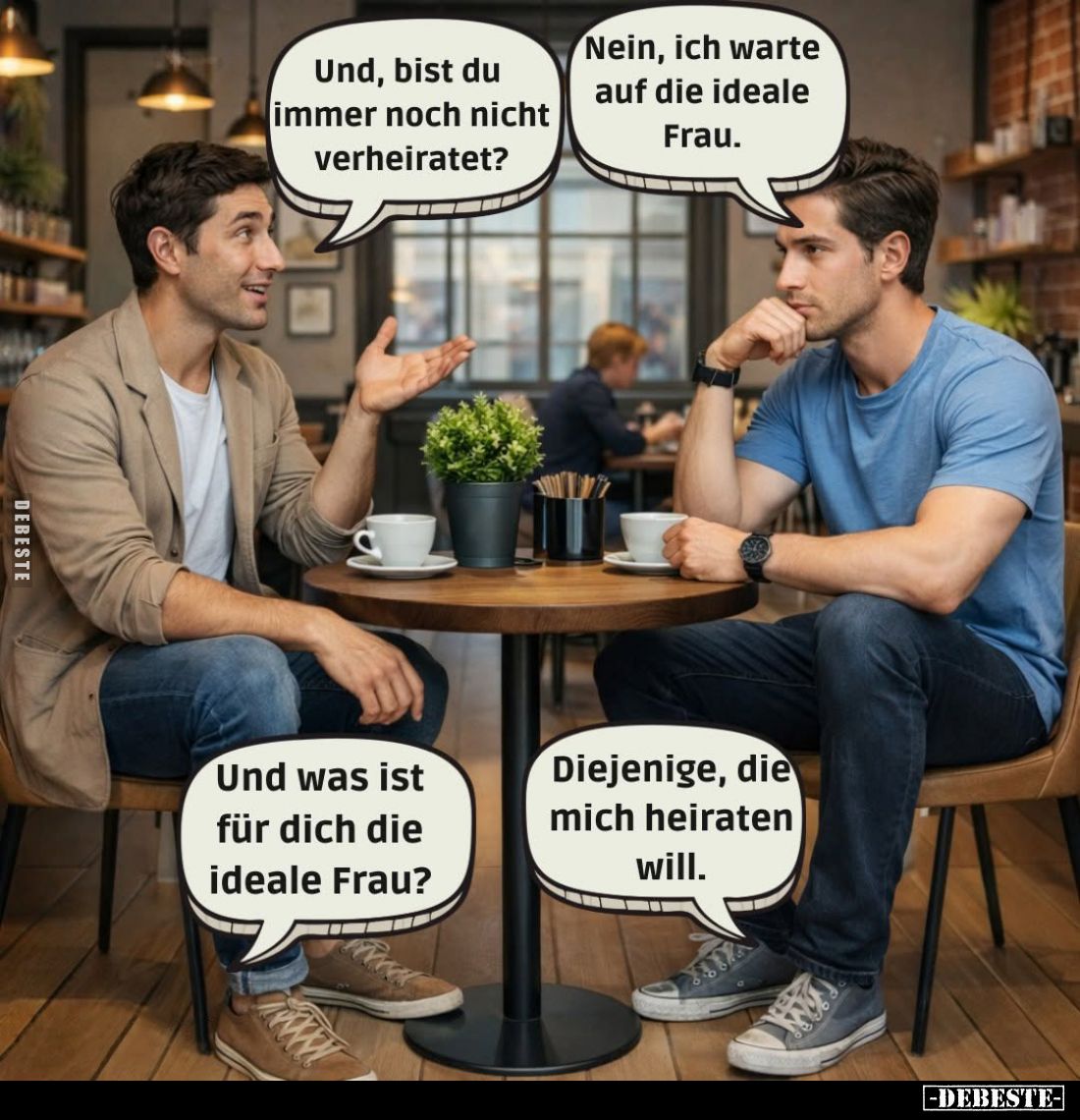Und, bist du immer noch nicht verheiratet? -
Nein, ich warte auf die ideale Frau. -
Und was ist für dich die ideale Frau? -...
