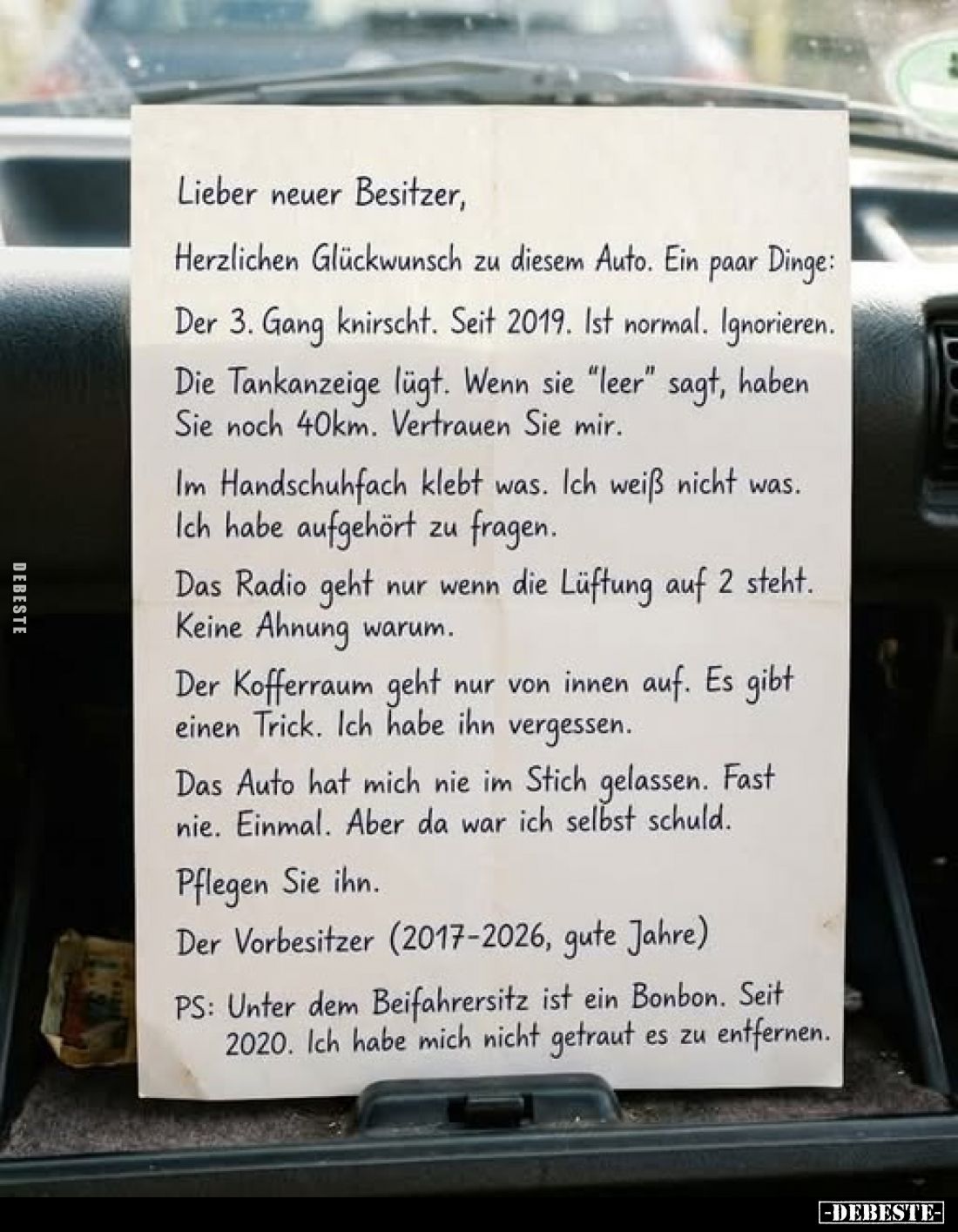 Lieber neuer Besitzer,
Herzlichen Glückwunsch zu diesem Auto. Ein paar Dinge:
Der 3. Gang knirscht. Seit 2019. Ist normal. ...