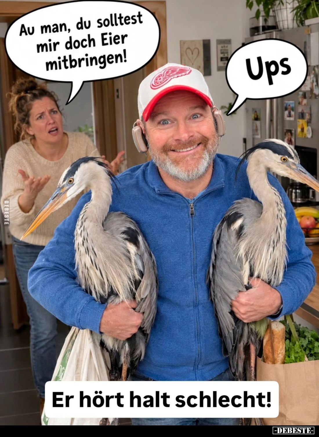 Ach Mann, du solltest mir doch Eier mitbringen!
Ups.
Er hört halt schlecht!