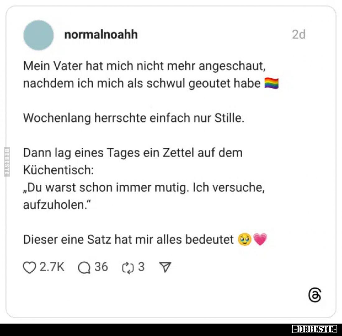 Mein Vater hat mich nicht mehr angeschaut, nachdem ich mich als schwul geoutet habe.

Wochenlang herrschte einfach nur Stil...