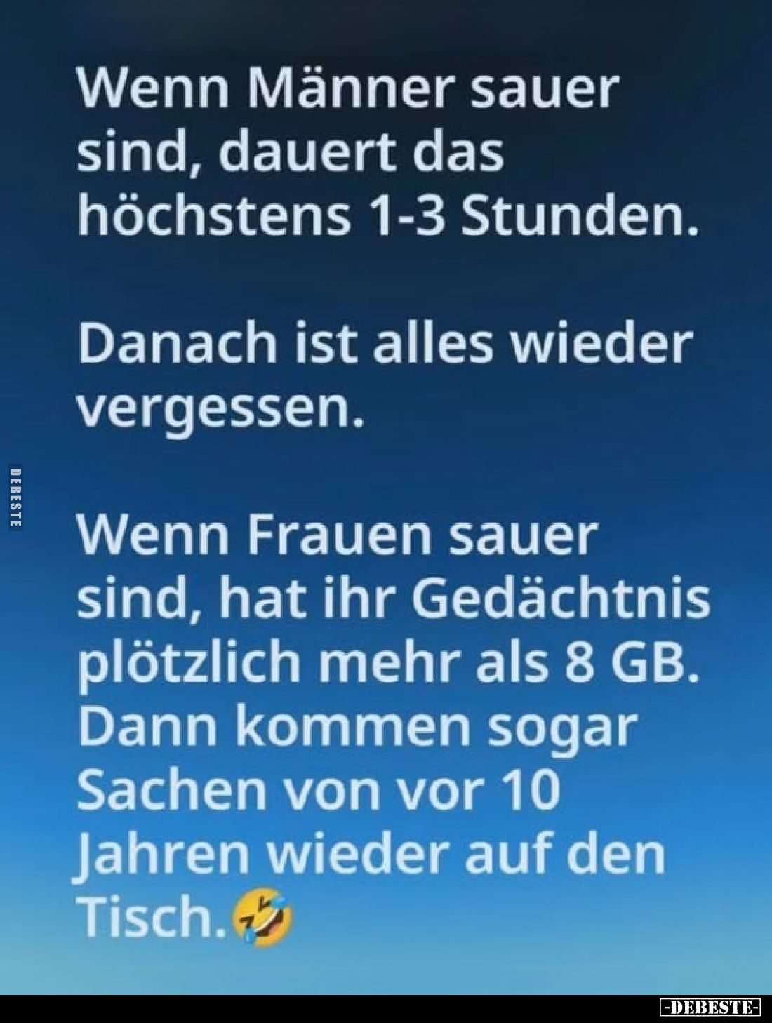 Wenn Männer sauer sind, dauert das höchstens 1-3 Stunden.
Danach ist alles wieder vergessen.
Wenn Frauen sauer sind, hat ih...