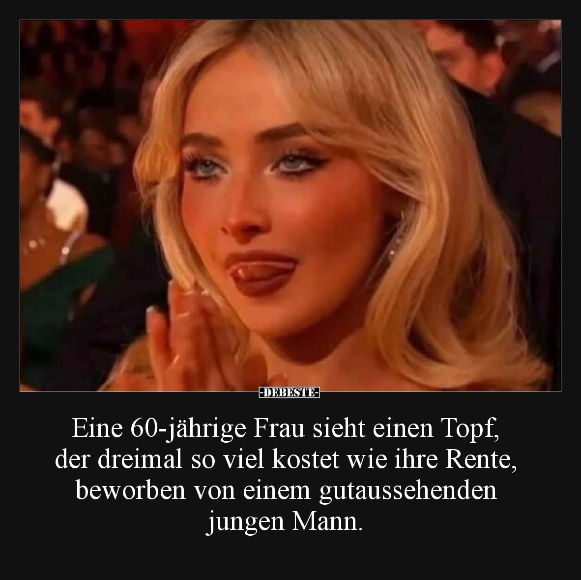 Eine 60-jährige Frau sieht einen Topf, der dreimal so viel kostet wie ihre Rente, beworben von einem gutaussehenden jungen Ma...