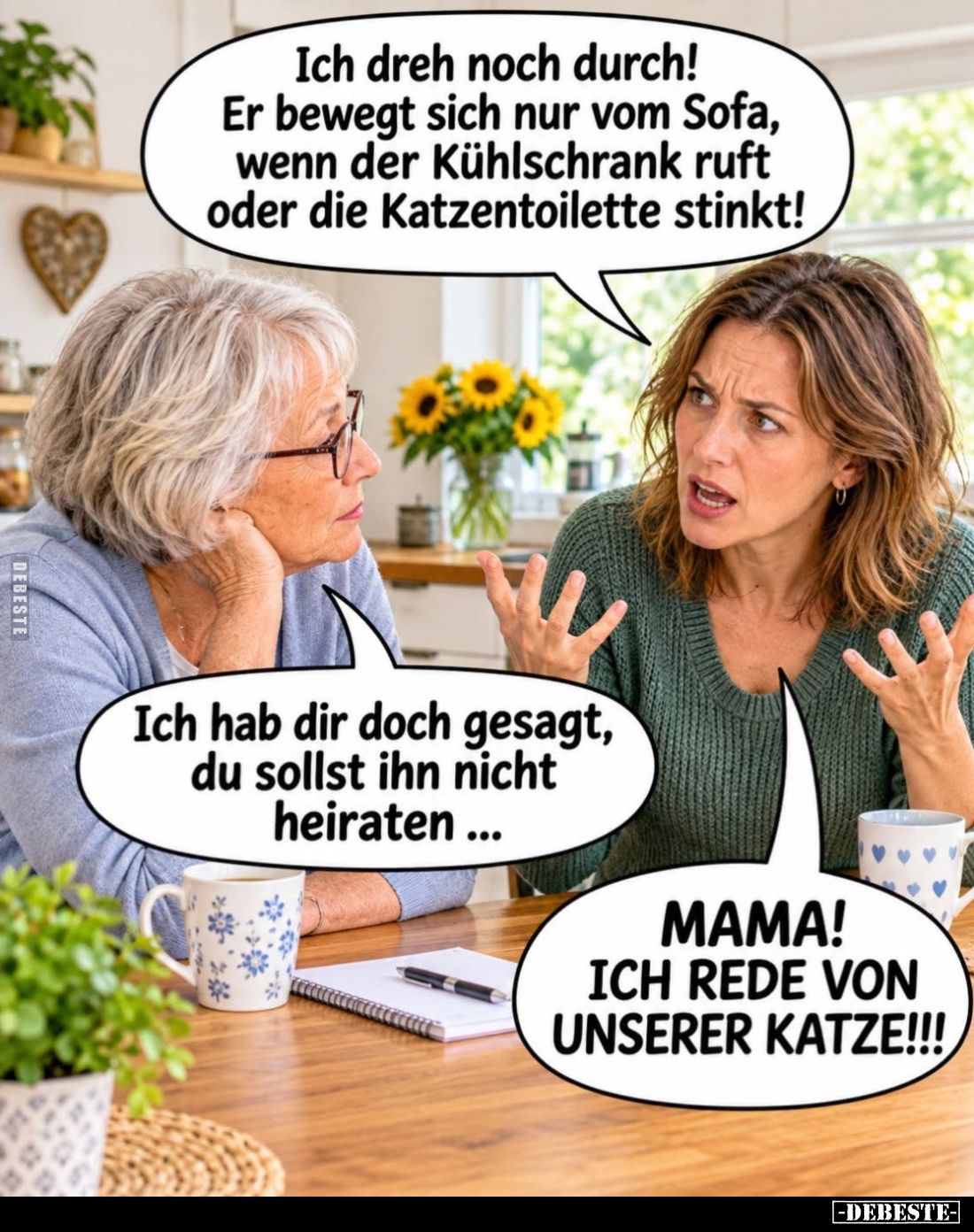 Ich dreh noch durch! Er bewegt sich nur vom Sofa, wenn der Kühlschrank ruft oder die Katzentoilette stinkt! -
Ich hab dir do...