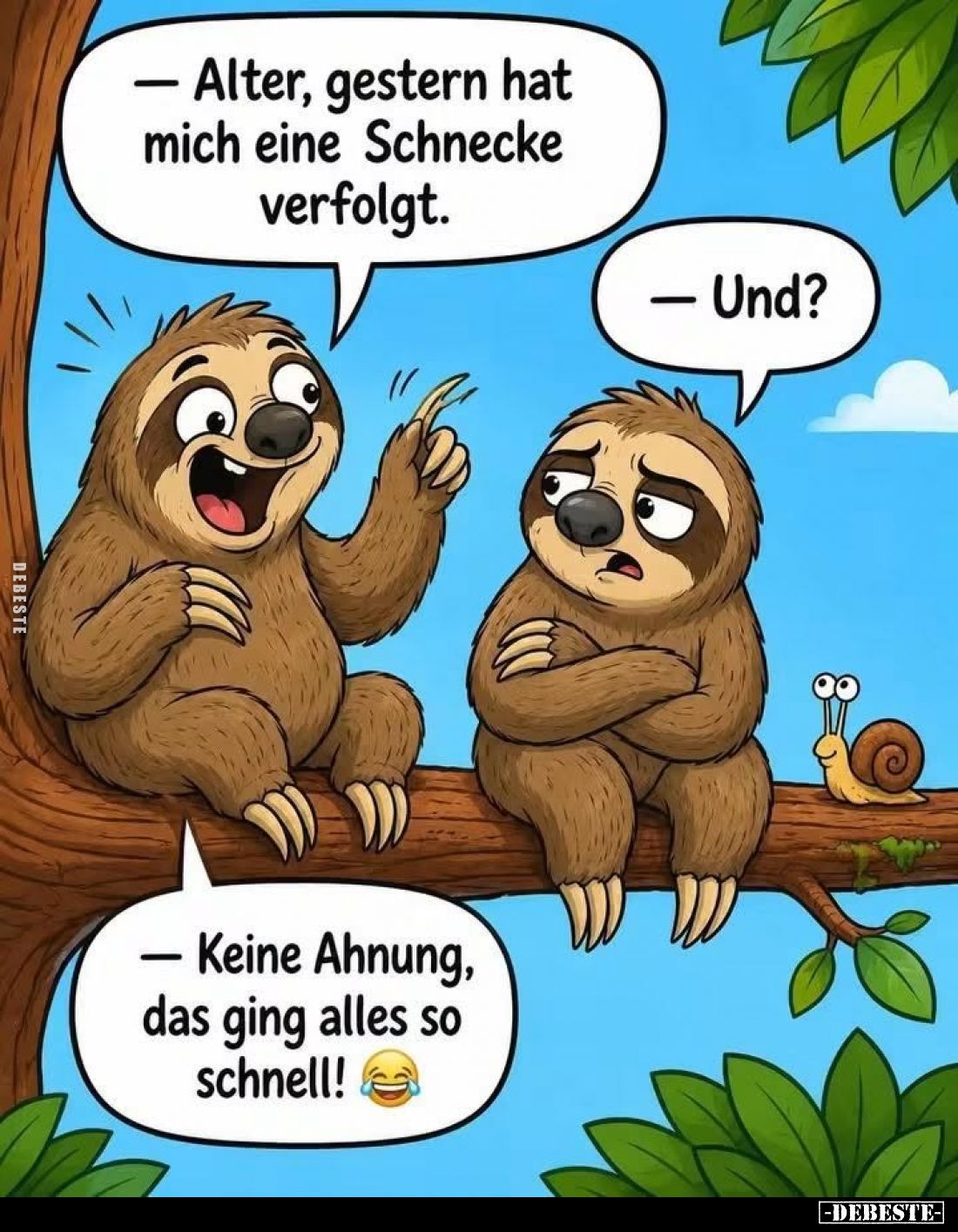 Alter, gestern hat mich eine Schnecke verfolgt.
— Und?
— Keine Ahnung, das ging alles so schnell!