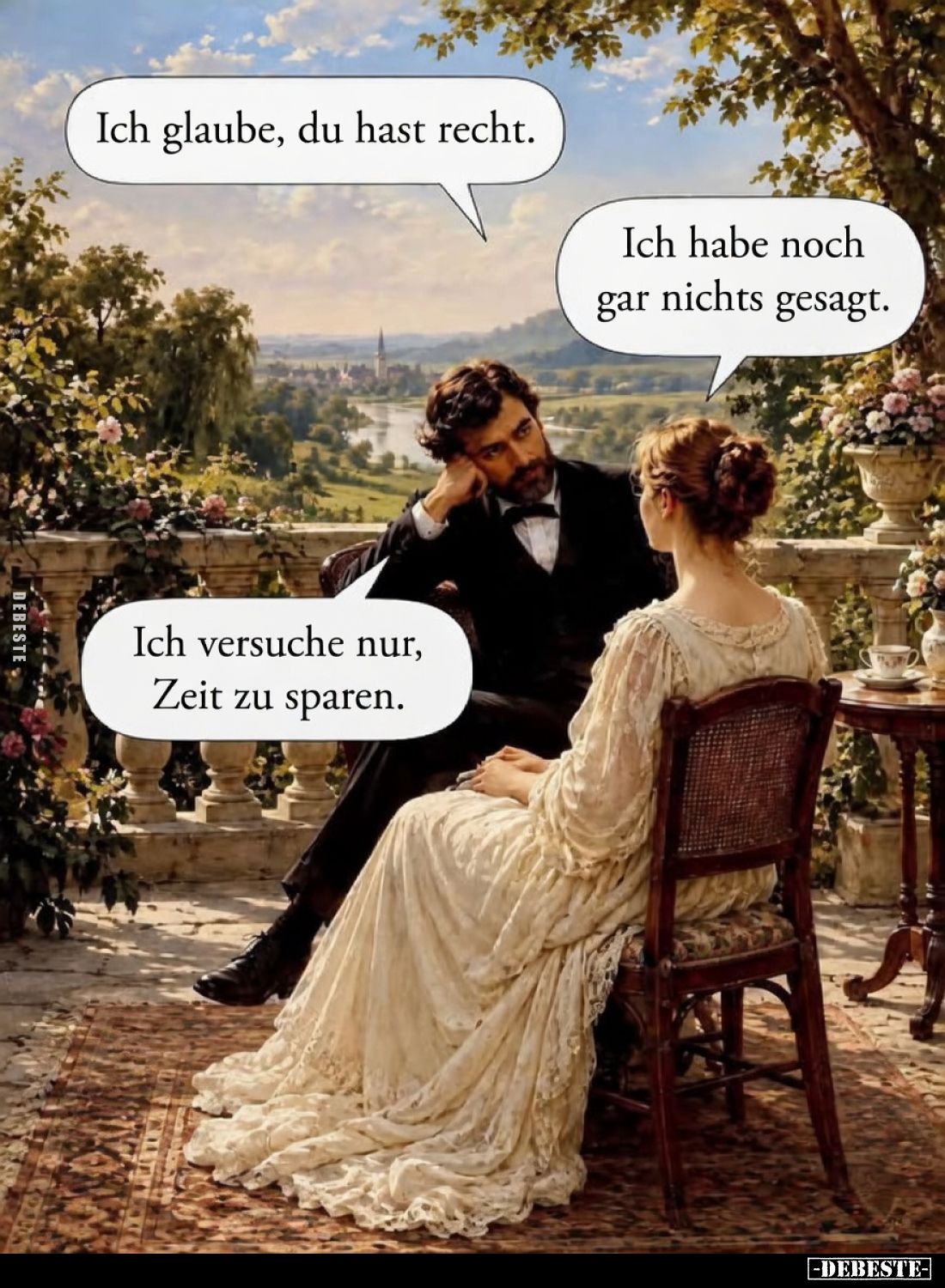- Ich glaube, du hast recht.
- Ich habe noch gar nichts gesagt.
- Ich versuche nur, Zeit zu sparen.