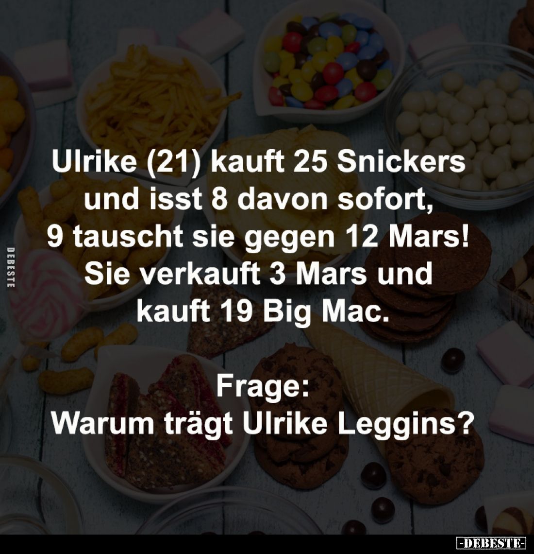 Ulrike (21) kauft 25 Snickers
und isst 8 davon sofort,
9 tauscht sie gegen 12 Mars!
Sie verkauft 3 Mars und
kauft 19 ...