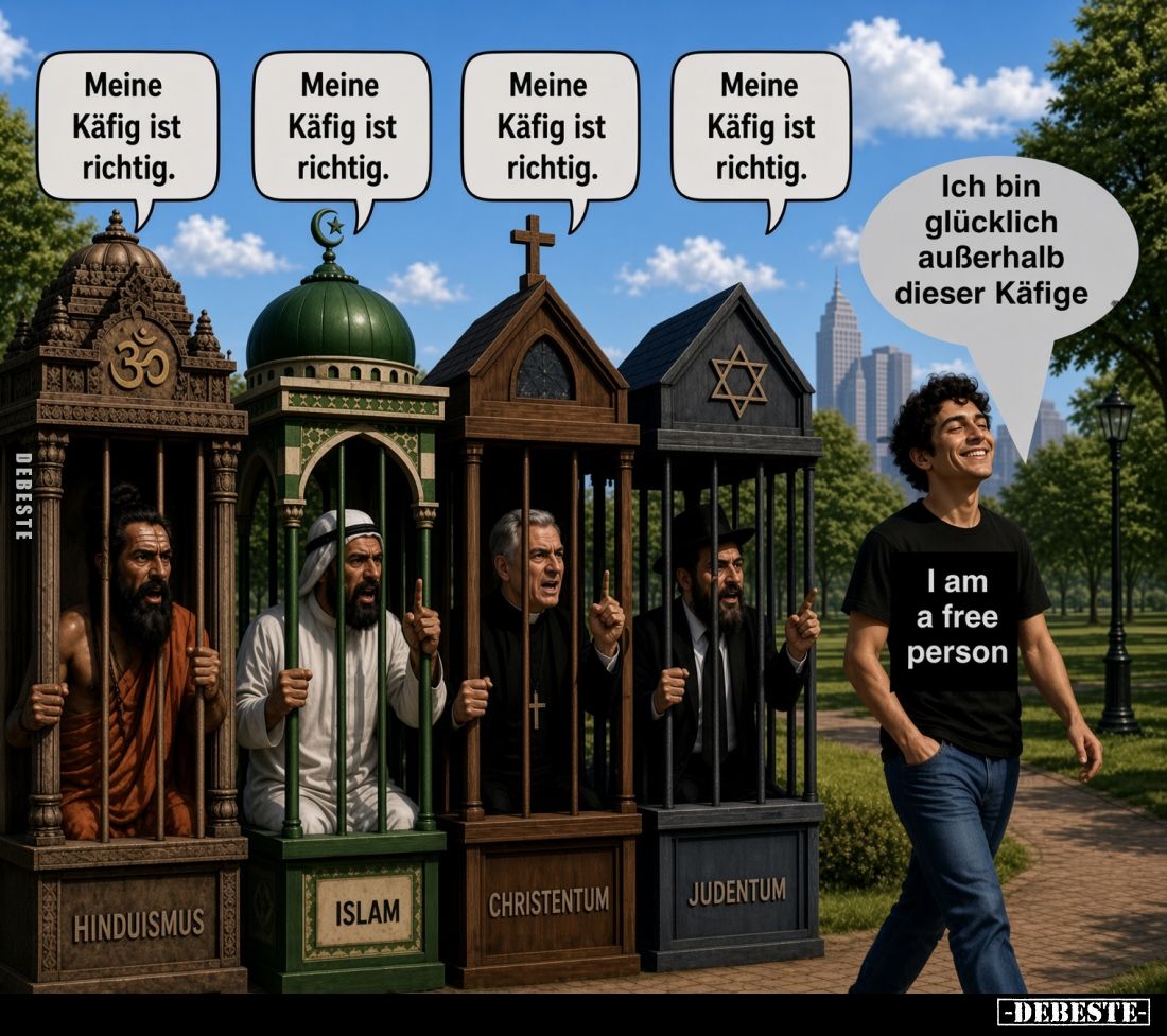 HINDUISMUS: Meine Käfig ist richtig.
ISLAM: Meine Käfig ist richtig.
CHRISTENTUM: Meine Käfig ist richtig.
JUDENTUM: Meine...