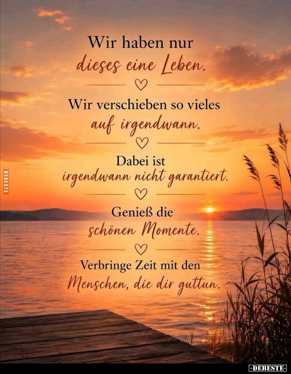 Wir haben nur dieses eine Leben.
Wir verschieben so vieles auf irgendwann.
Dabei ist irgendwann nicht garantiert.
Genieß d...