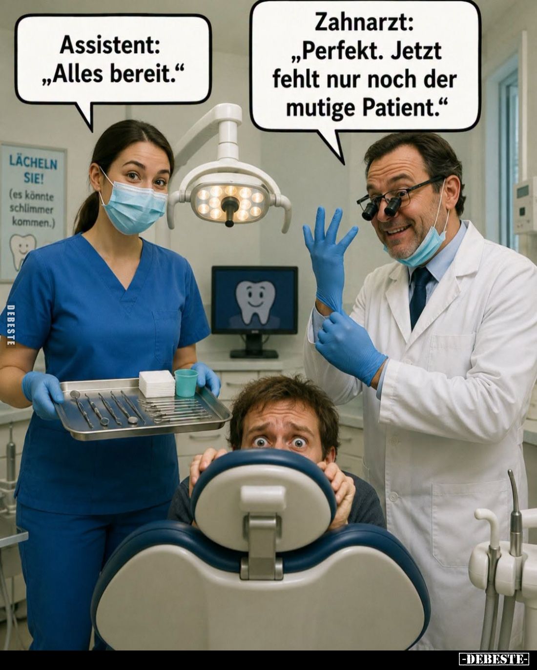 Assistent: "Alles bereit." -
Zahnarzt: "Perfekt. Jetzt fehlt nur noch der mutige Patient."