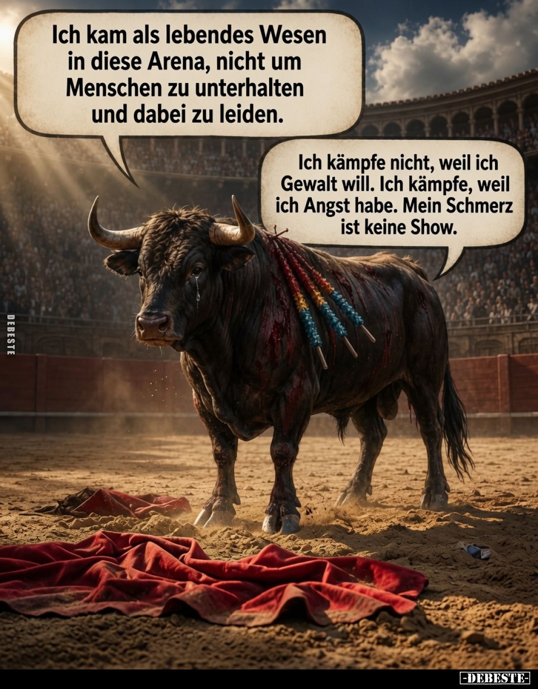 Ich kam als lebendes Wesen in diese Arena, nicht um Menschen zu unterhalten und dabei zu leiden.
Ich kämpfe nicht, weil ich ...