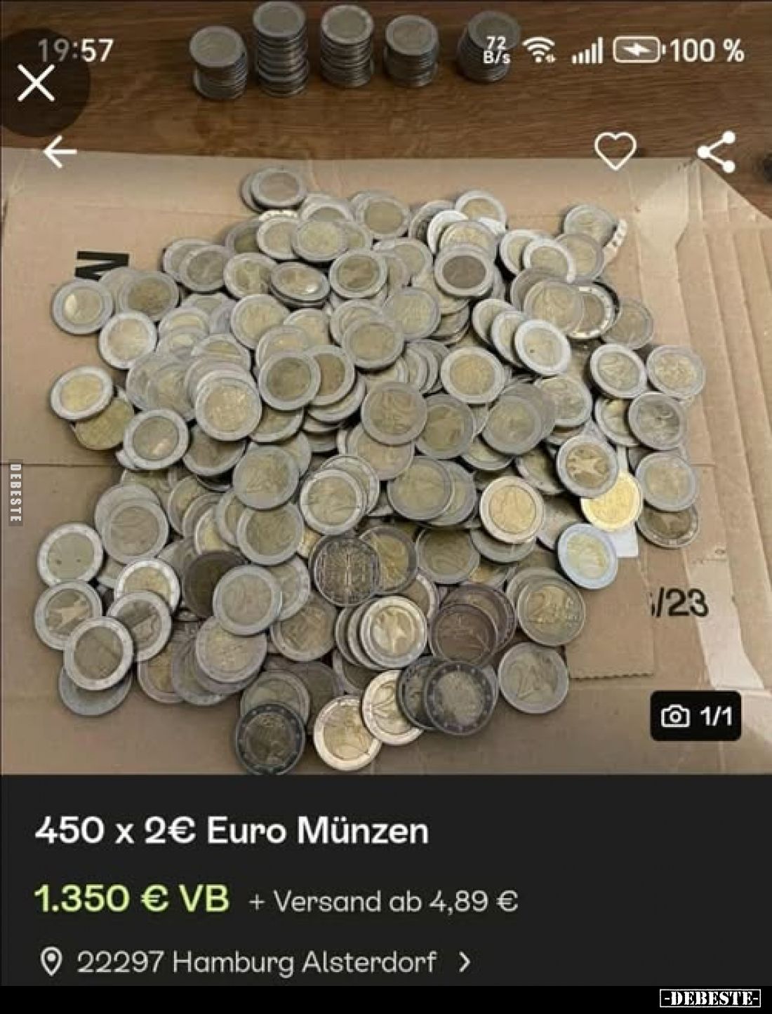 450 x 2€ Euro Münzen, 1.350 € VB + Versand ab 4.89, € © 22297 Hamburg Alsterdorf >