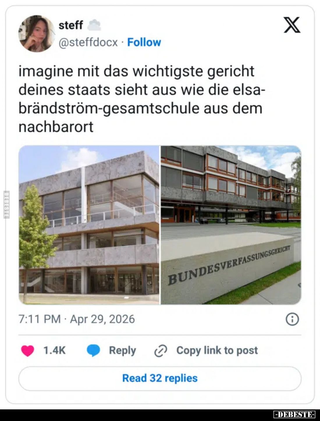 Imagine mit das wichtigste Gericht deines Staats sieht aus wie die Elsa-Brändström-Gesamtschule aus dem Nachbarort - 
Bundes...