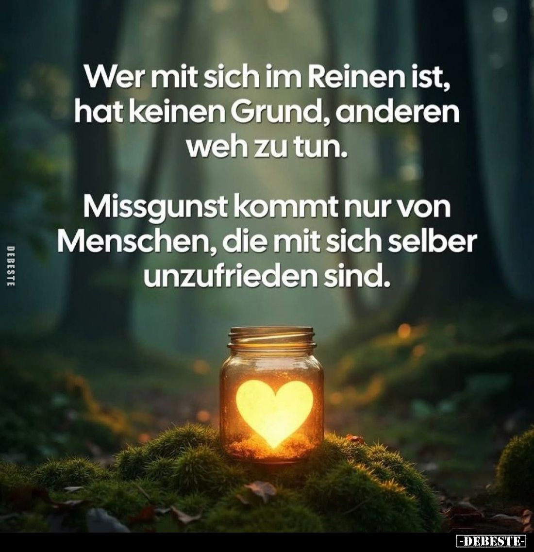 Wer mit sich im Reinen ist, hat keinen Grund, anderen weh zu tun.
Missgunst kommt nur von Menschen, die mit sich selber unzu...