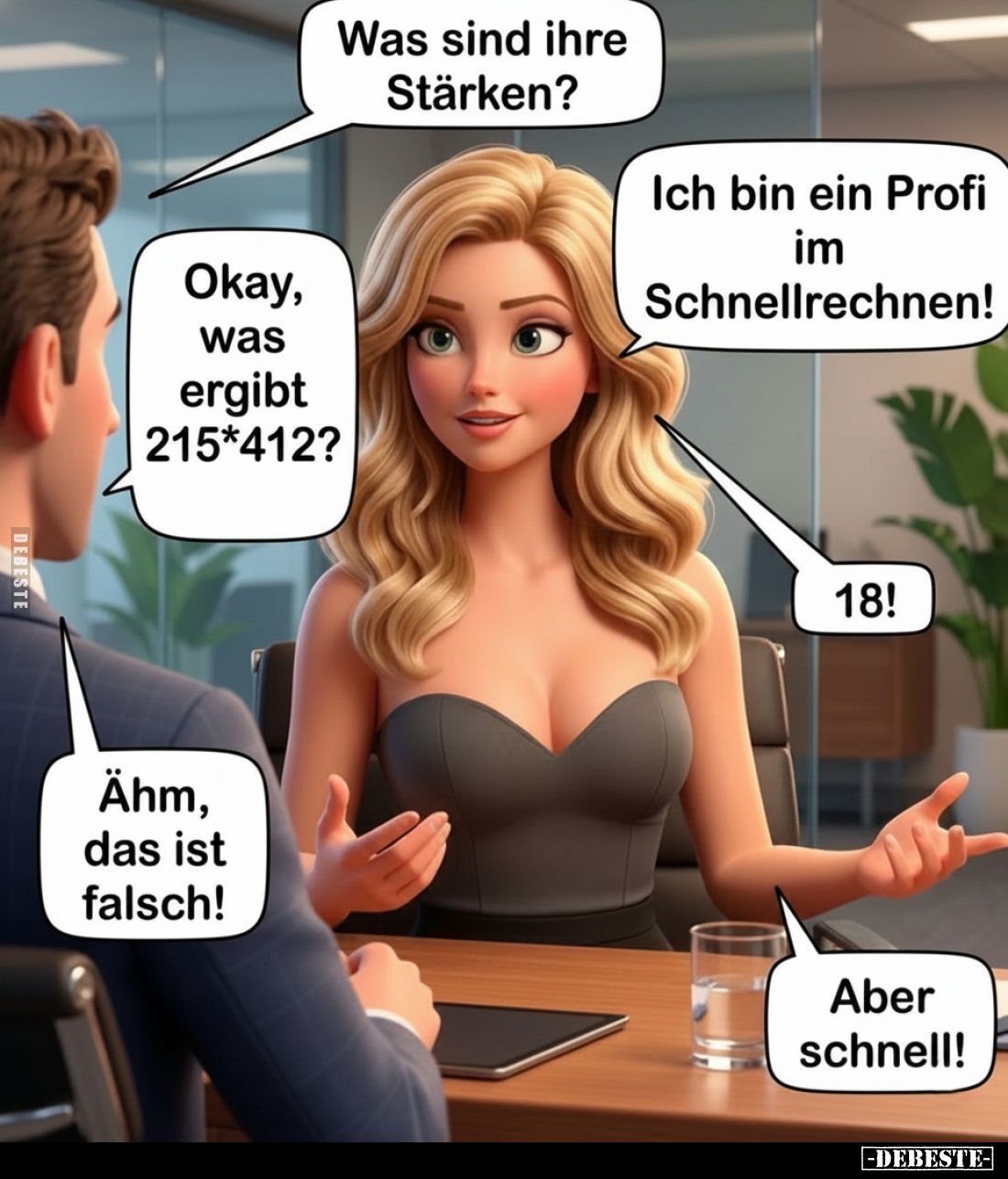 Was sind ihre Stärken?
Ich bin ein Profi im Schnellrechnen!
Okay, was ergibt 215*412?
18!
Ähm, das ist falsch!
Aber sc...