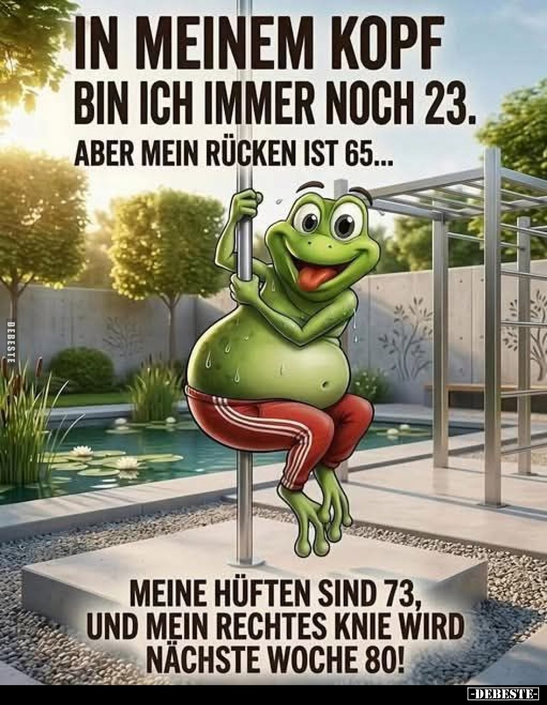 In meinem Kopf bin ich immer noch 23.
Aber mein Rücken ist 65...
Meine Hüften sind 73, und mein rechtes Knie wird nächste W...