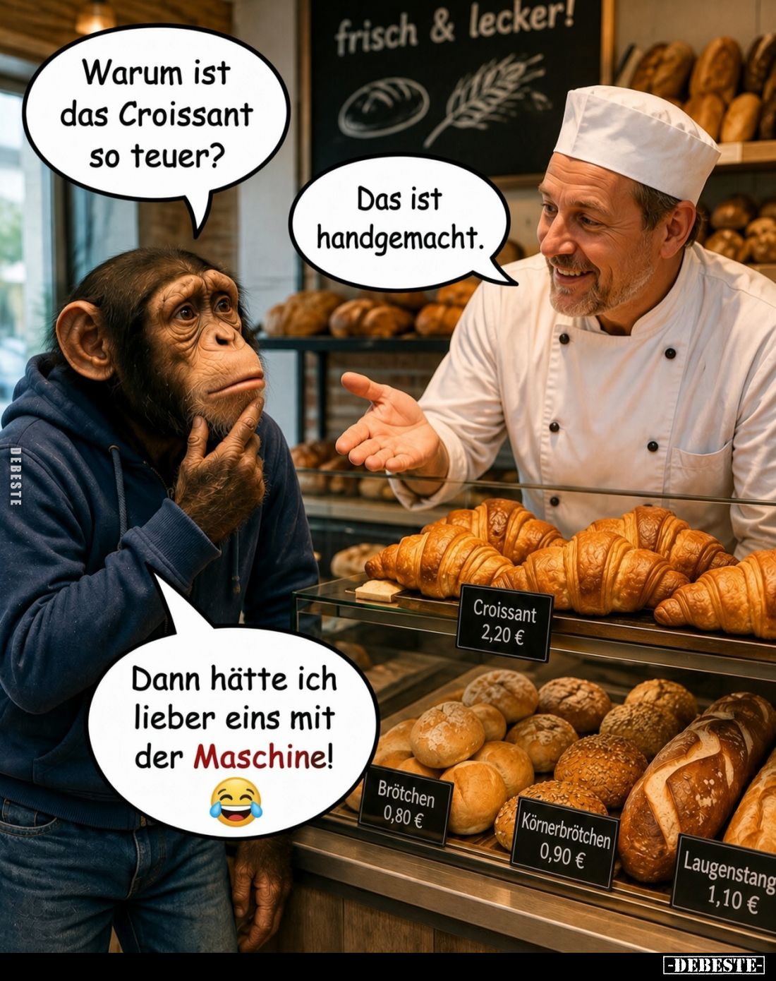 Warum ist das Croissant so teuer? -
Das ist handgemacht. -
Dann hätte ich lieber eins mit der Maschine!