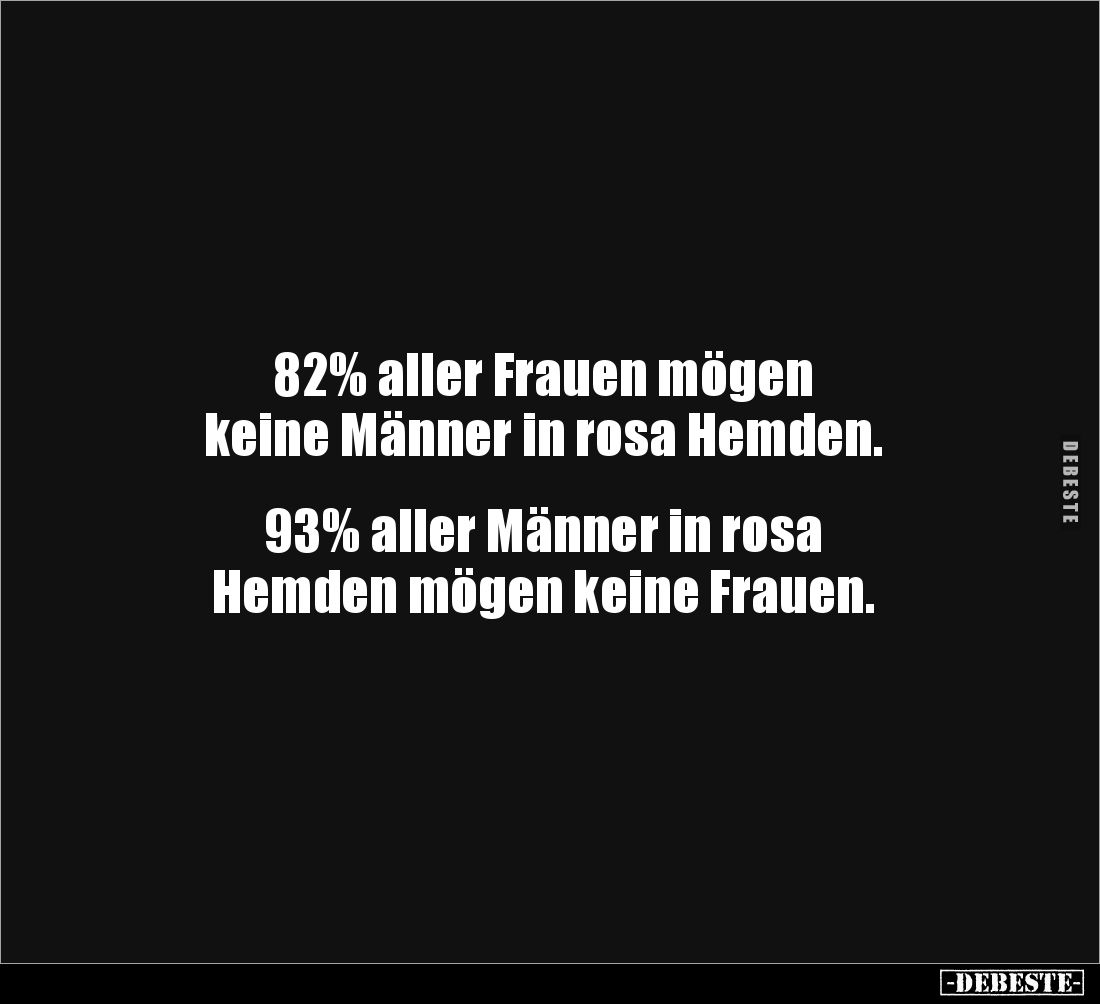 82% aller Frauen mögen
keine Männer in rosa Hemden.
93% aller Männer in rosa
Hemden mögen keine Frauen.