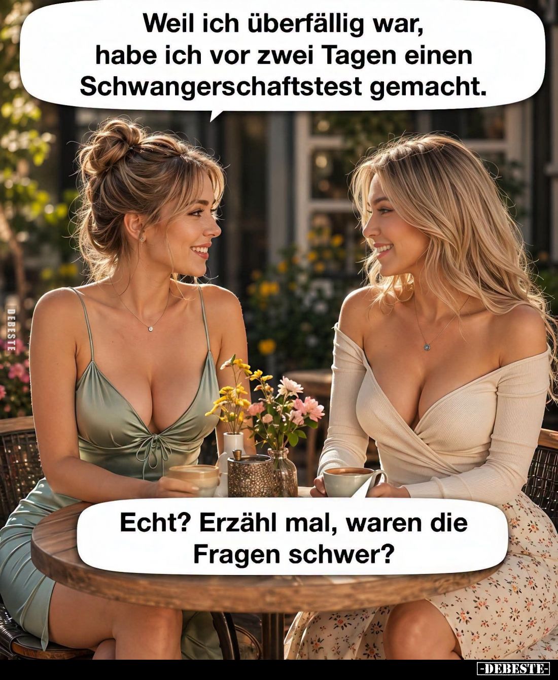 Weil ich überfällig war, habe ich vor zwei Tagen einen Schwangerschaftstest gemacht. -
Echt? Erzähl mal, waren die Fragen sc...