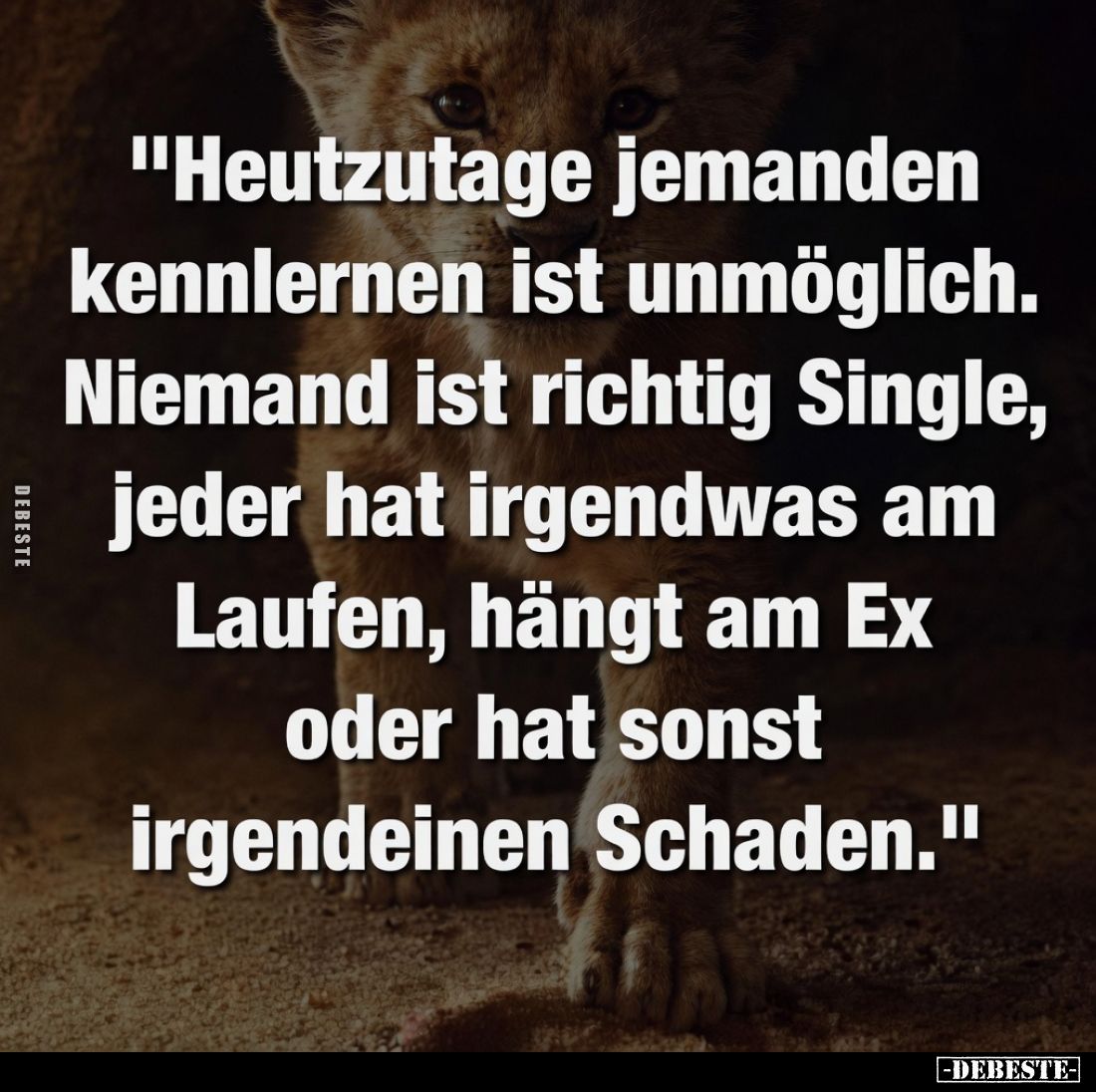 "Heutzutage jemanden kennlernen ist unmöglich. 
Niemand ist richtig Single, jeder hat irgendwas am Laufen, hängt am Ex ...