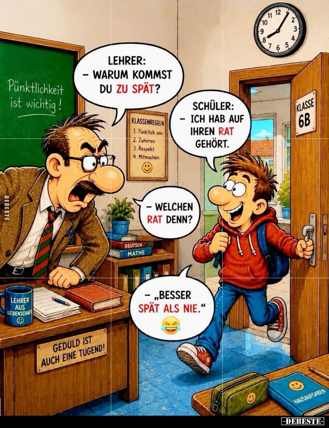 Warum kommst du zu spät?
-
Ich hab auf Ihren Rat gehört.

– Welchen Rat denn?
– "Besser spät als nie."