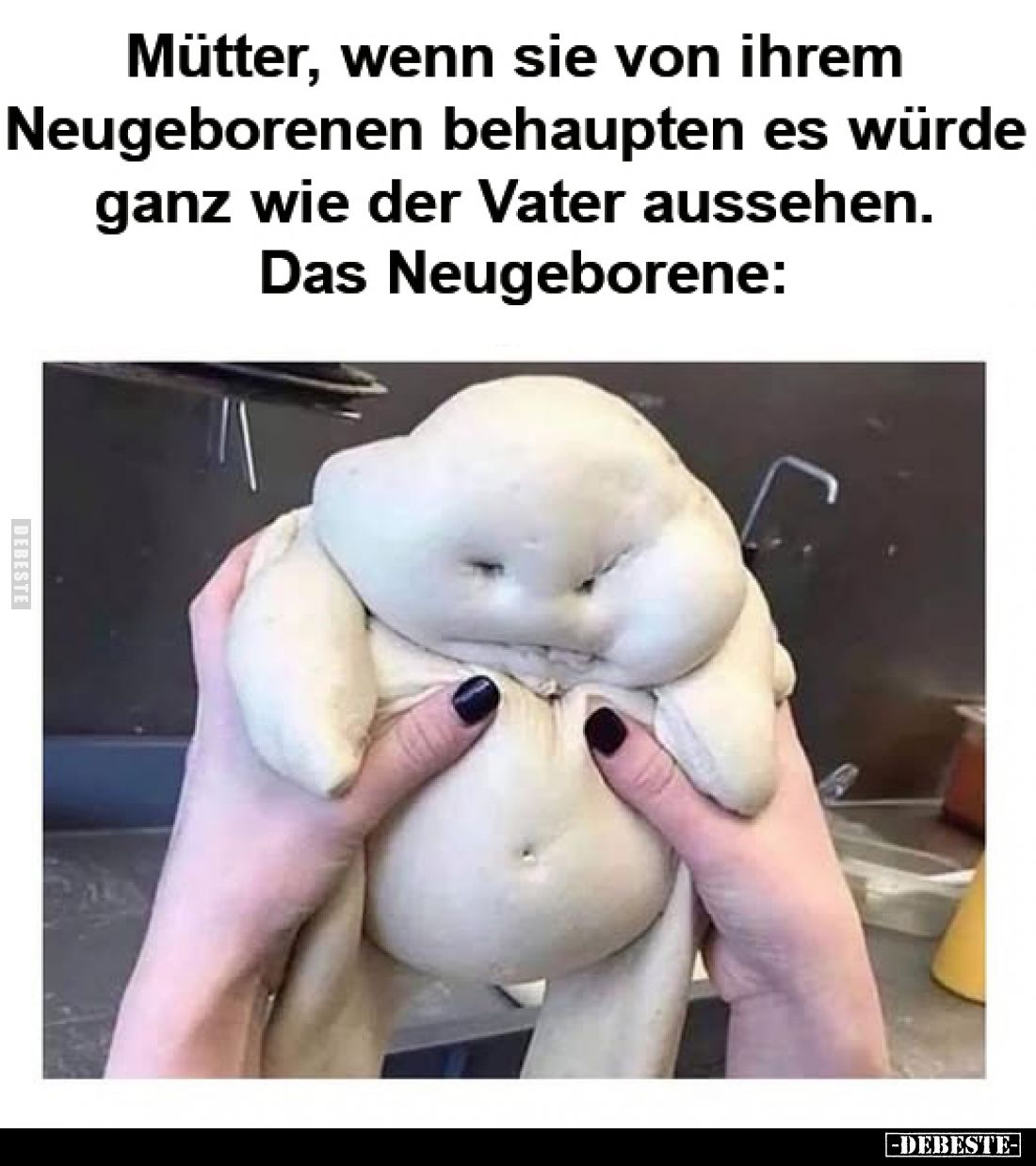 Mütter, wenn sie von ihrem Neugeborenen behaupten es würde ganz wie der Vater aussehen. -
Das Neugeborene: