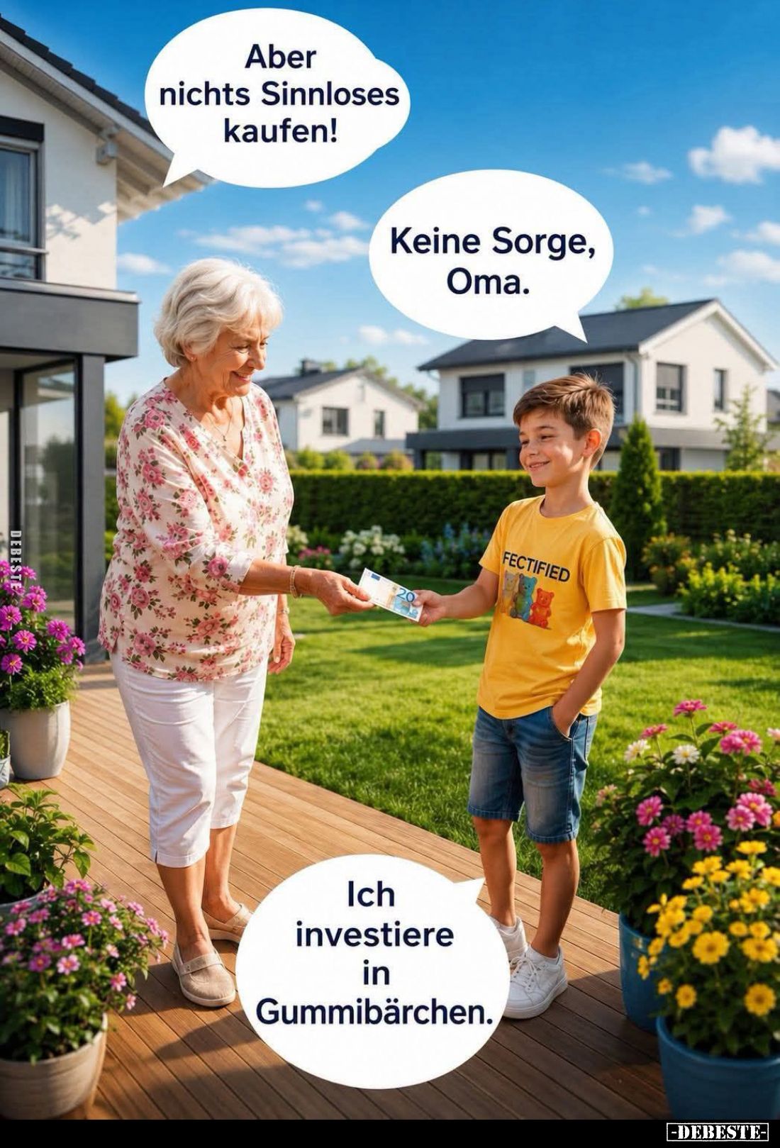Aber nichts Sinnloses kaufen! -
Keine Sorge, Oma. -
Ich investiere in Gummibärchen.