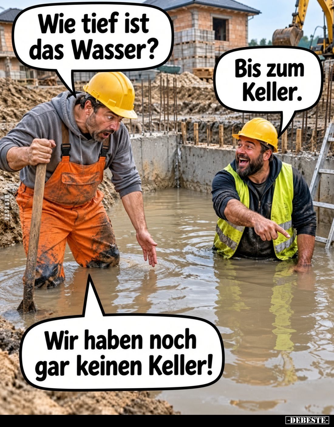 Wie tief ist das Wasser?
-
Bis zum Keller.
-
Wir haben noch gar keinen Keller!