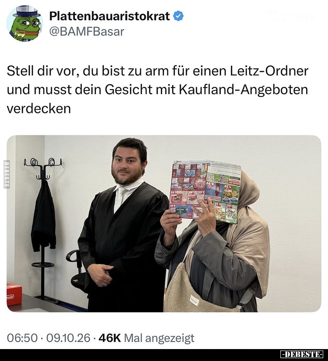 Stell dir vor, du bist zu arm für einen Leitz-Ordner und musst dein Gesicht mit Kaufland-Angeboten verdecken