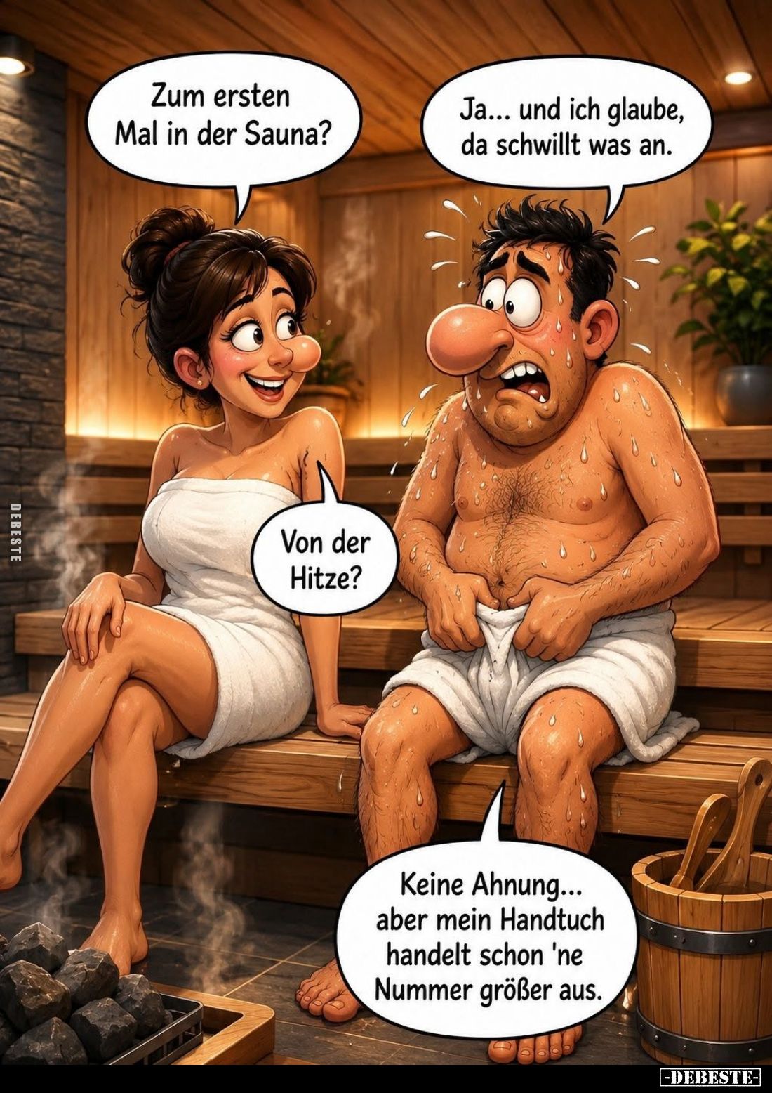 Zum ersten Mal in der Sauna? -
Ja... und ich glaube, da schwillt was an. -
Von der Hitze? -
Keine Ahnung... aber mein Hand...