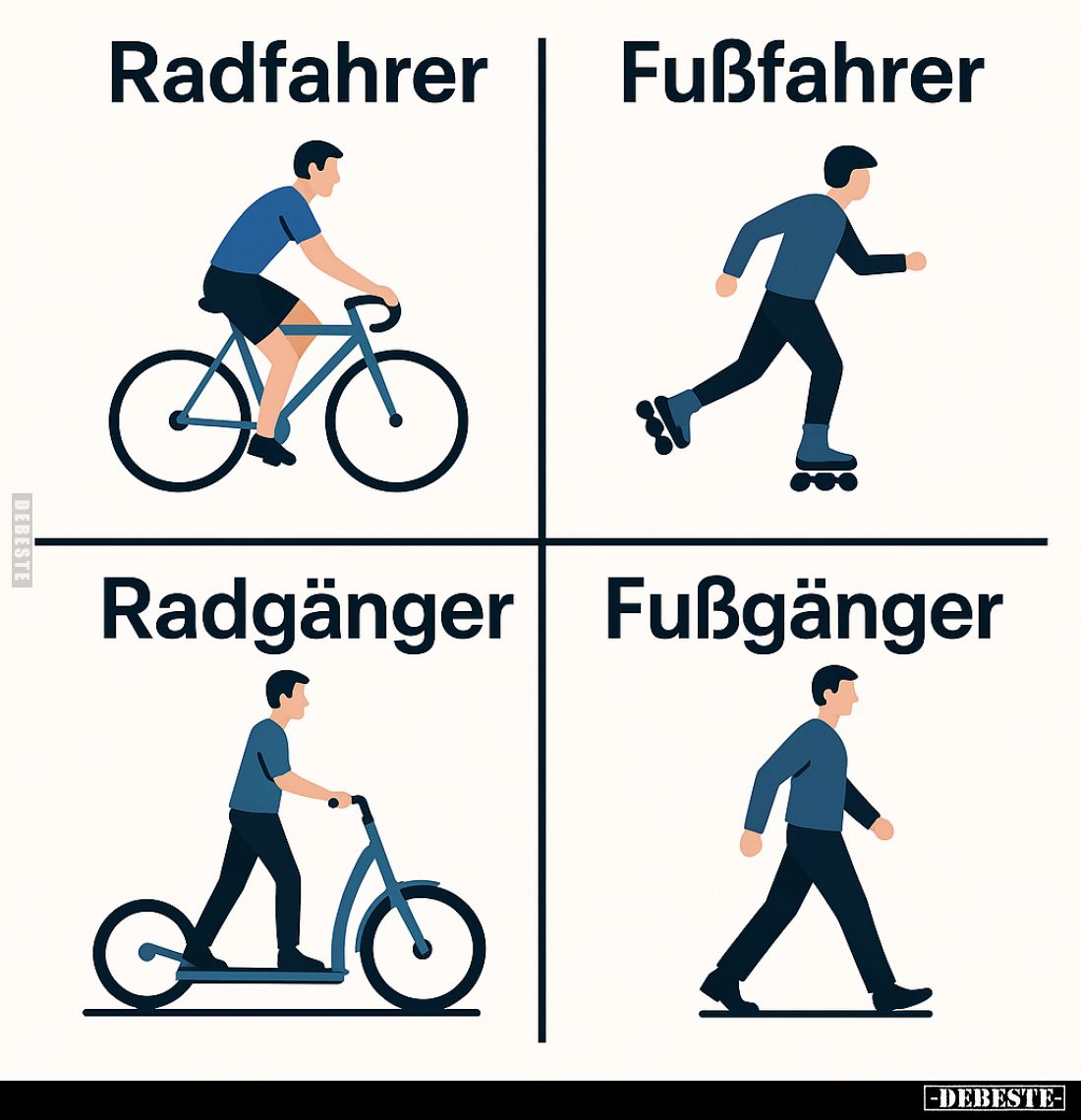 Radfahrer -
Fußfahrer -
Radgänger -
Fußgänger.