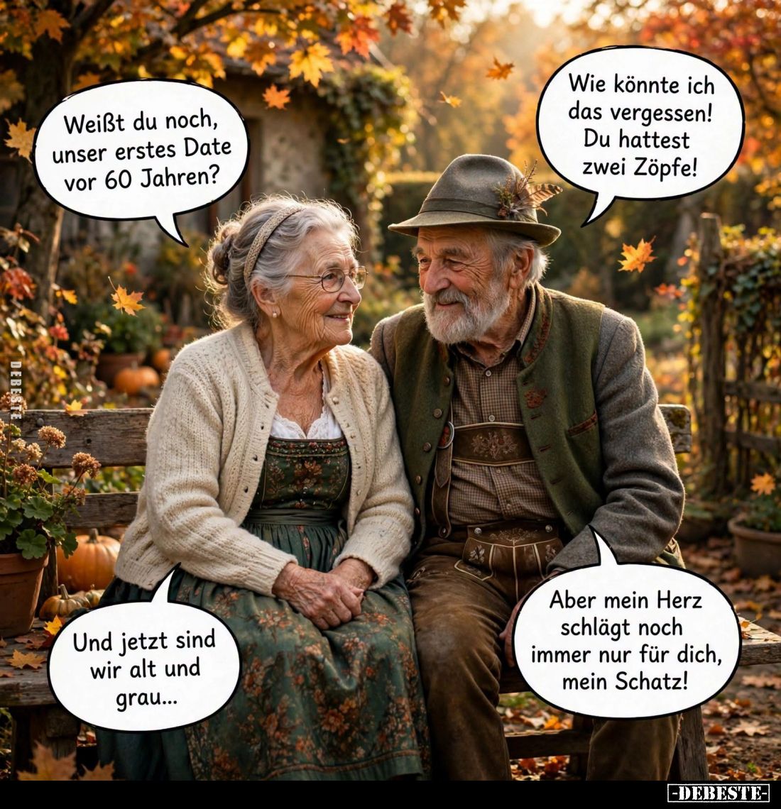 Weißt du noch, unser erstes Date vor 60 Jahren? -
Wie könnte ich das vergessen! Du hattest zwei Zöpfe! - Und jetzt sind wir ...