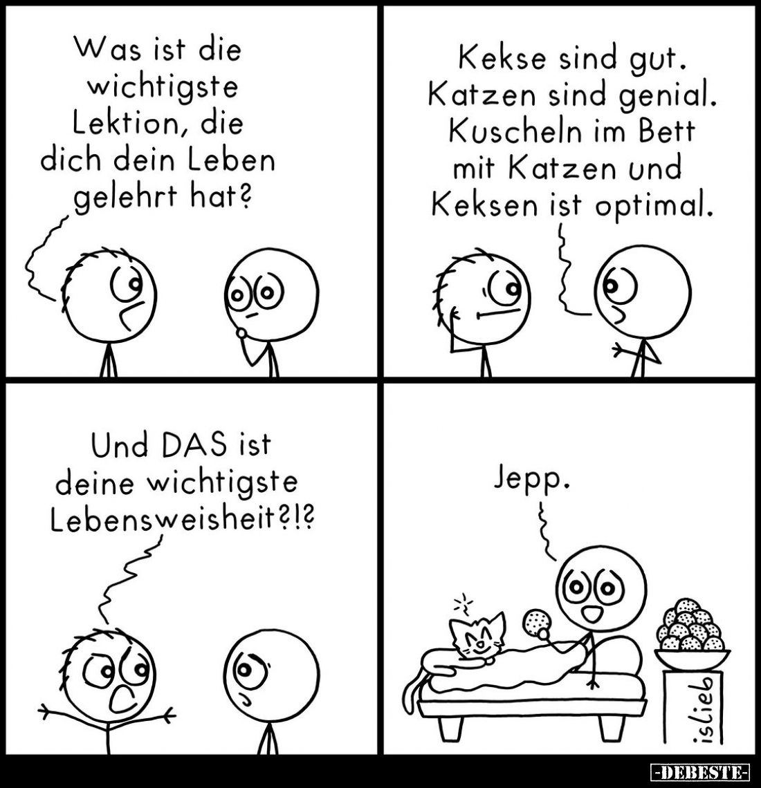 Was ist die wichtigste Lektion, die dich dein Leben gelehrt hat?
-
Kekse sind gut. Katzen sind genial. Kuscheln im Bett mit...