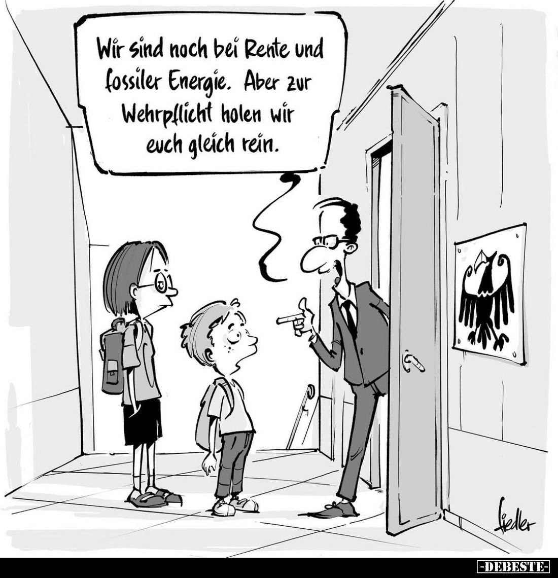 Wir sind noch bei Rente und fossiler Energie. Aber zur Wehrpflicht holen wir euch gleich rein.
