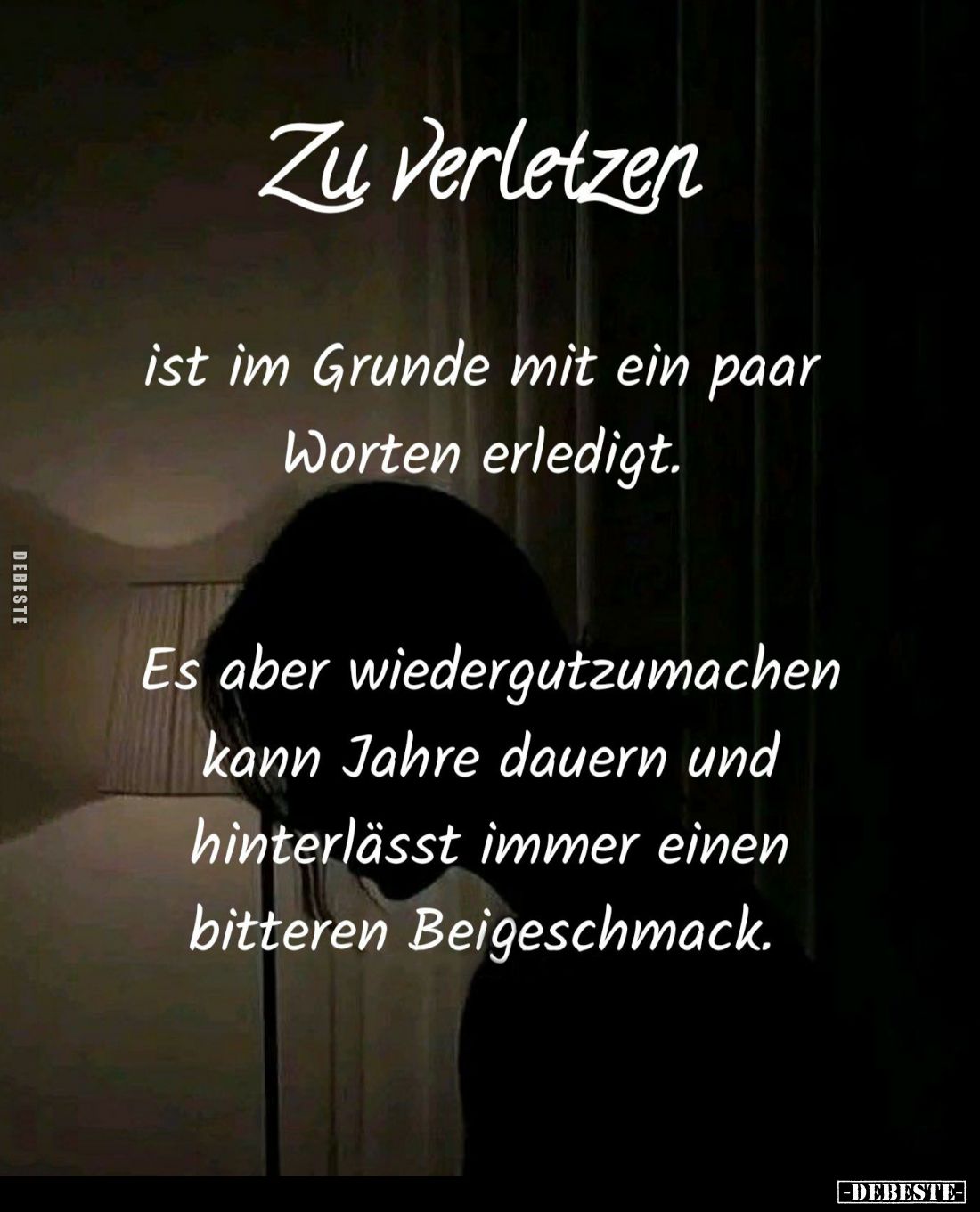 Zu Verletzen
ist im Grunde mit ein paar Worten erledigt.
Es aber wiedergutzumachen kann Jahre dauern und hinterlässt immer ...